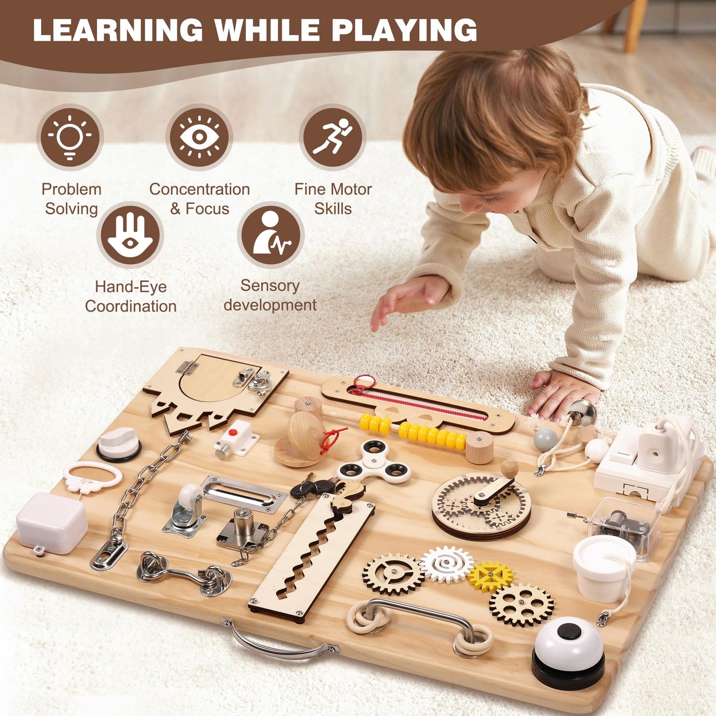 Pithfor Wooden Montessori Busy Board for Toddlers, Montessori Sensory Activity Board Toys for Baby Kids, for Fine Motor Skills, Autism & ADHD