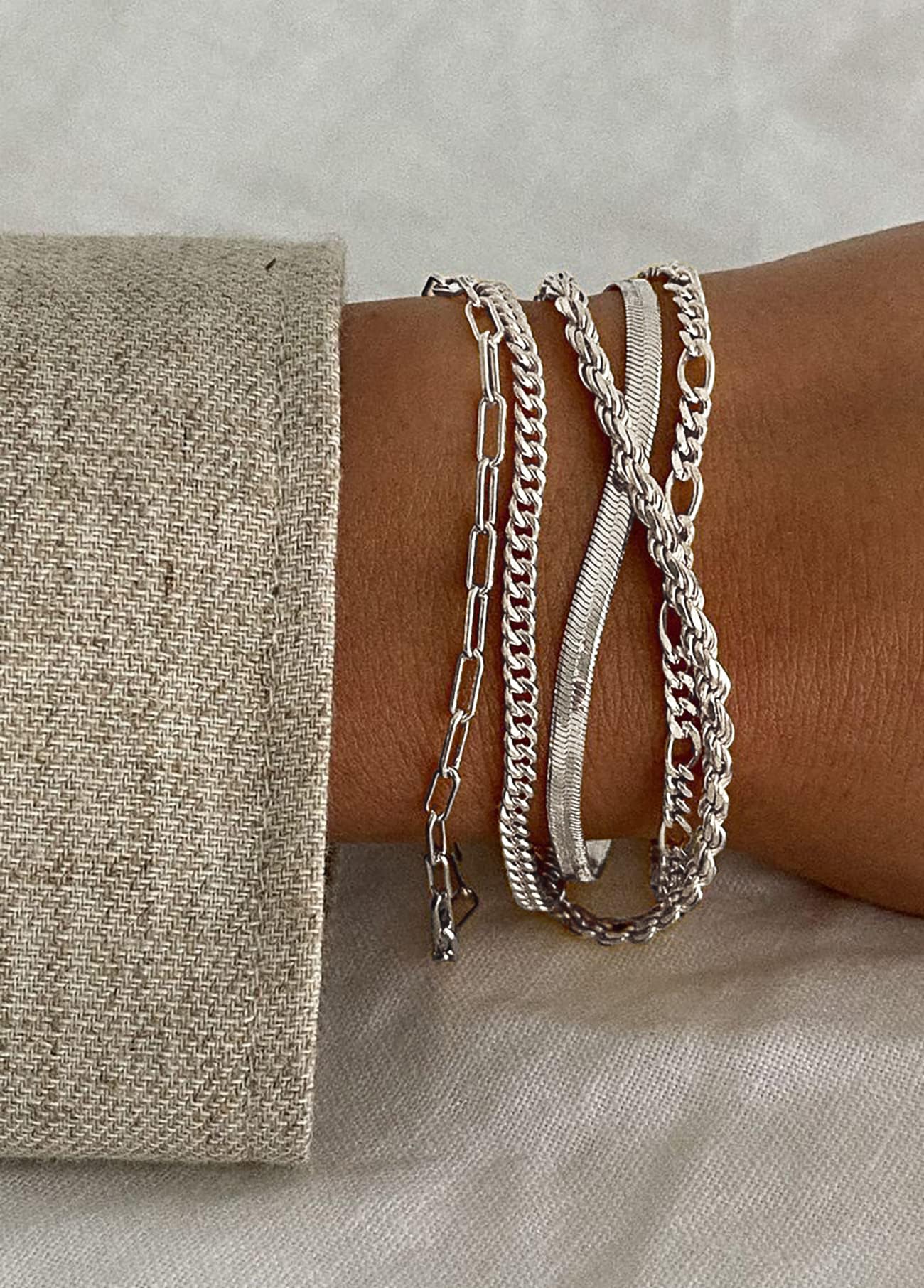 DEARMAY Silver Plated Bracelets for Women Dainty Silver Jewelry Sets for Trendy Stackable Paperclip Rope Snake Box Figaro Chain Bracelets Pack Costume Fashion Gifts for Womens