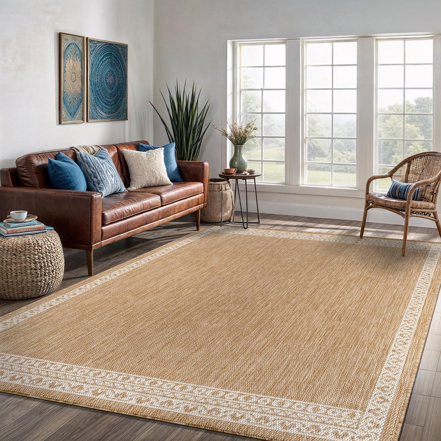 Washable Outdoor Rug 8x10 Modern Area Rugs Outdoor Carpets Bordered Pattern Non Shedding Waterproof Easy Clean Patio Deck Porch Living Room Bedroom Garden RV (8 X 10 Natural)