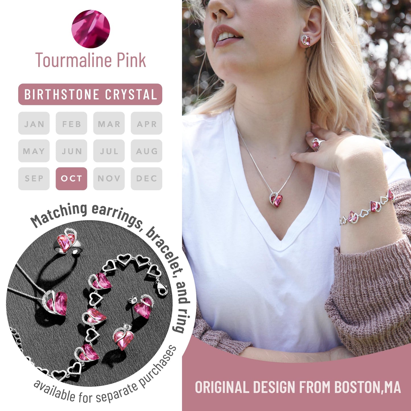 Leafael Gift Necklaces for Women, Infinity Love Birthstone Heart Pendant with Tourmaline Pink Crystal for October, Birthday Jewelry for Her, Mom, and Wife, Silver Plated, 18" + 2" Chain