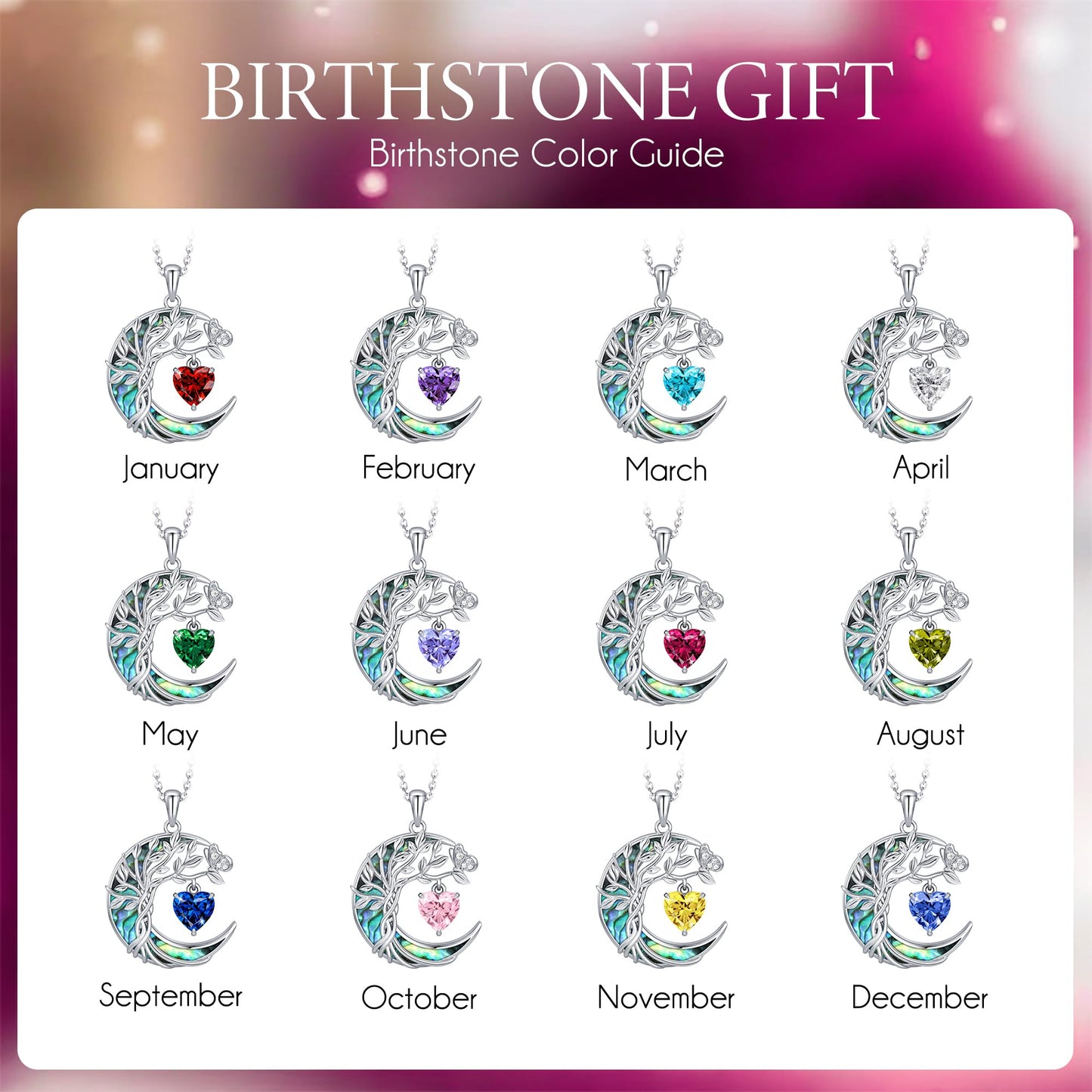 Distance Tree of Life Birthstone Necklace for Women, S925 Sterling Silver Premium Abalone Shell Moon Pendant July Heart Birthstone Necklace, Ruby Jewelry Christmas Birthday Gifts for Her Mom Wife