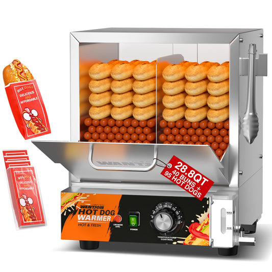 WantJoin Commercial Hot Dog Steamer - 28.8QT Stainless Steel Electric Hotdog Steamer Machine with Bun Warmer, Tempered Glass Steamer Machine for 95-105 Sausages & 30-40 Buns
