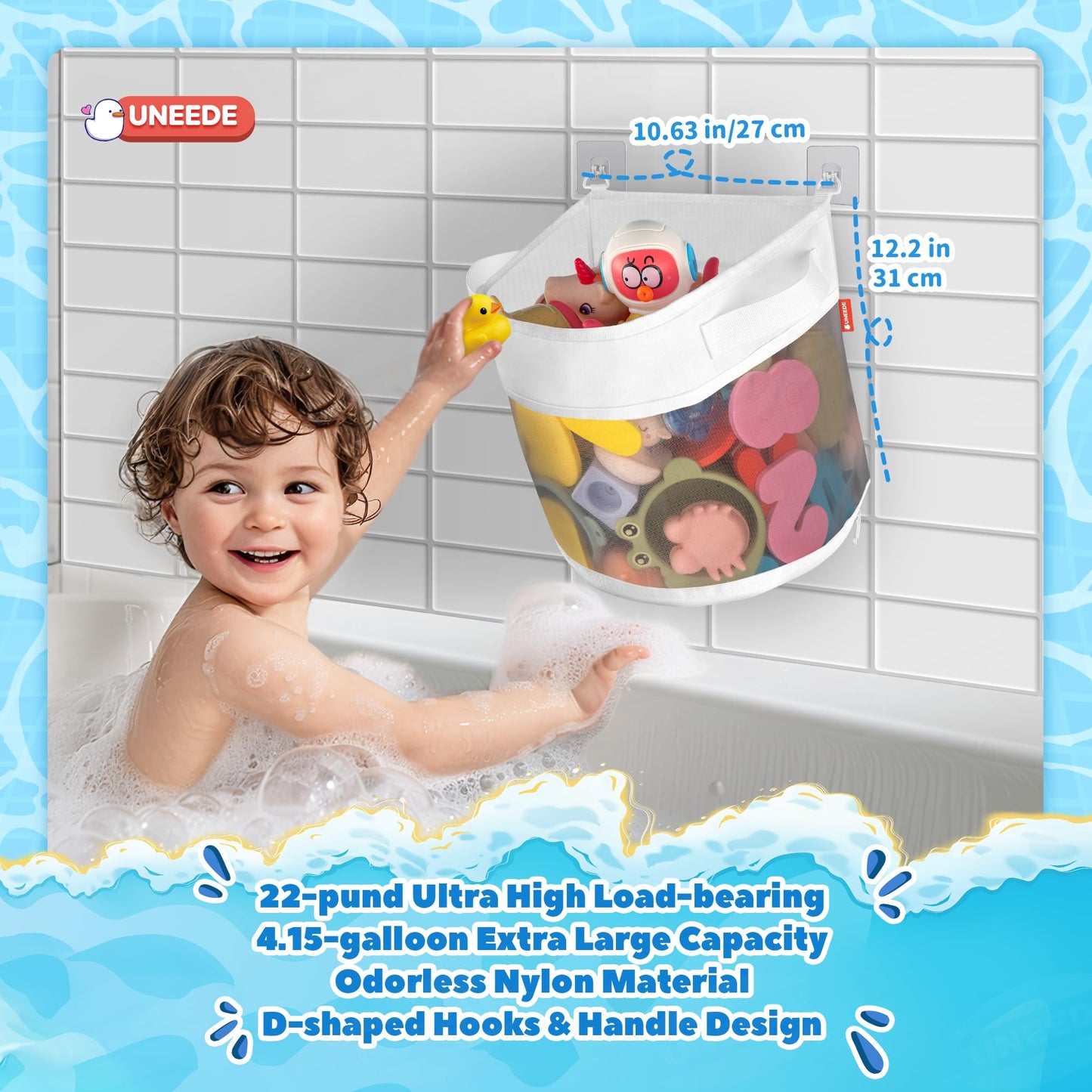 UNEEDE Bath Toy Organizer,4.15 Gallons Bathtub Toy Storage Organizer,Quick Access Bath Toy Holder For Bathtub,Baby Organizer And Storage,Quick Dry Baby Bath Toy Storage For Tub,Mesh Shower Caddy(Gray)
