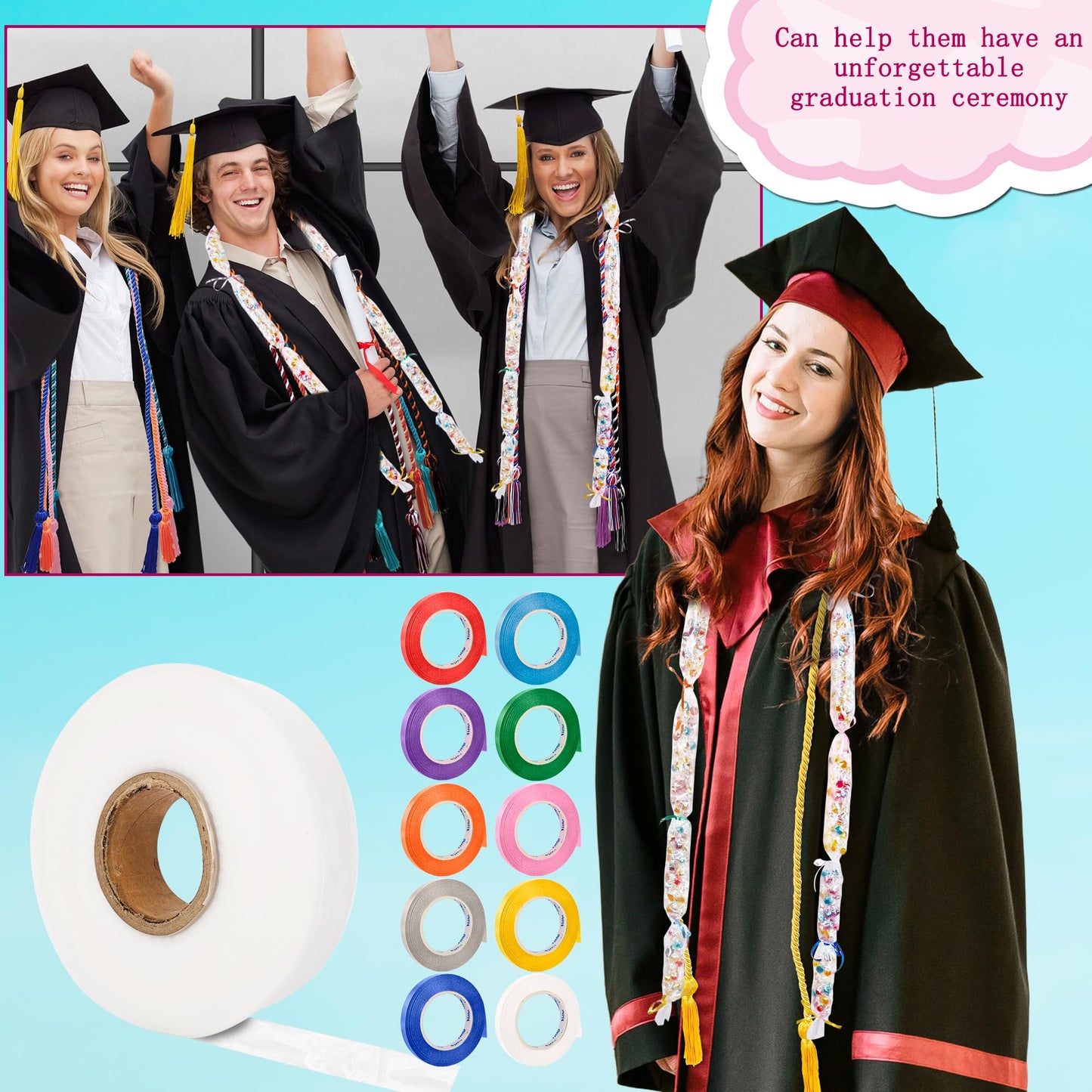 Conagel 1 Roll of Graduation Candy Lei Clear Graduation Candy Tubing Lei Making Kit with 10 Rolls Ribbons for DIY Graduation Wreaths Packing Snacks Candy (Clear, 3.15 Inch Wide)