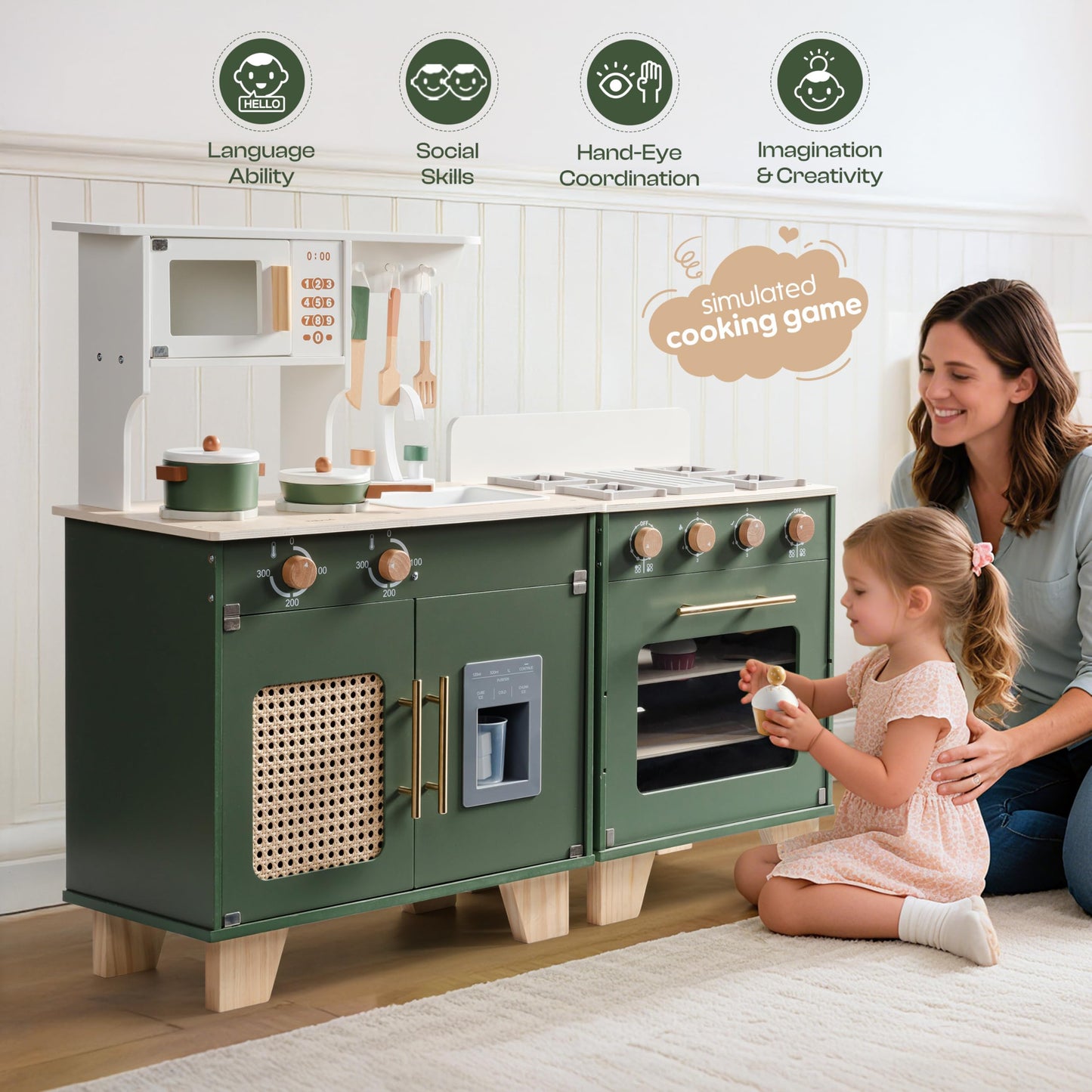 ROBOTIME Play Kitchen with Toy Fridge, Toy Oven, Wooden Kids Kitchen Play Set, Toy Kitchen Set for Kids Age 3 4 5 6 7 (Vintage Green)