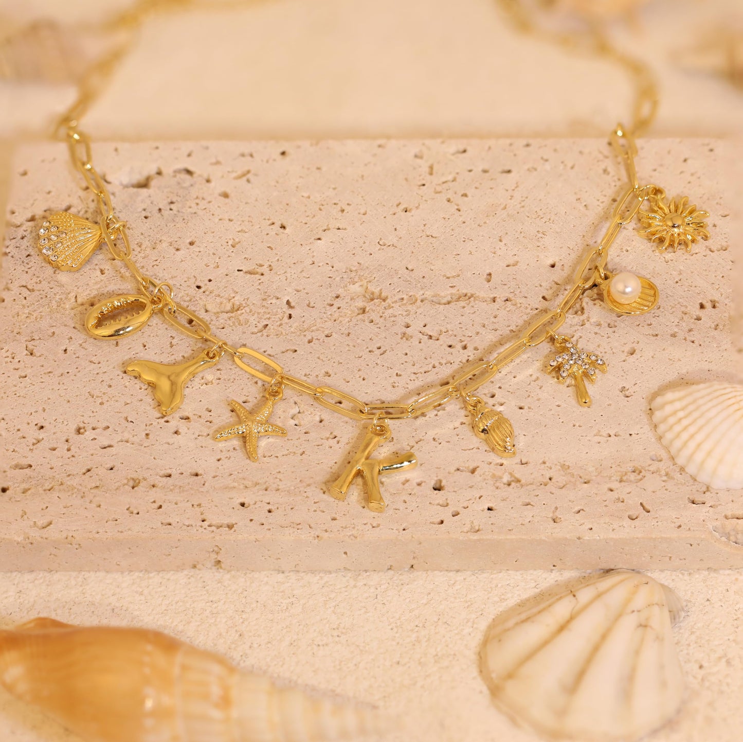 JALZEMPL Initial Charm Necklaces For Women Shell Letter Paperclip Chain Seashell Starfish Beach Summer Pendant Boho Surfer 14K Gold Plated Jewelry Gift (A)