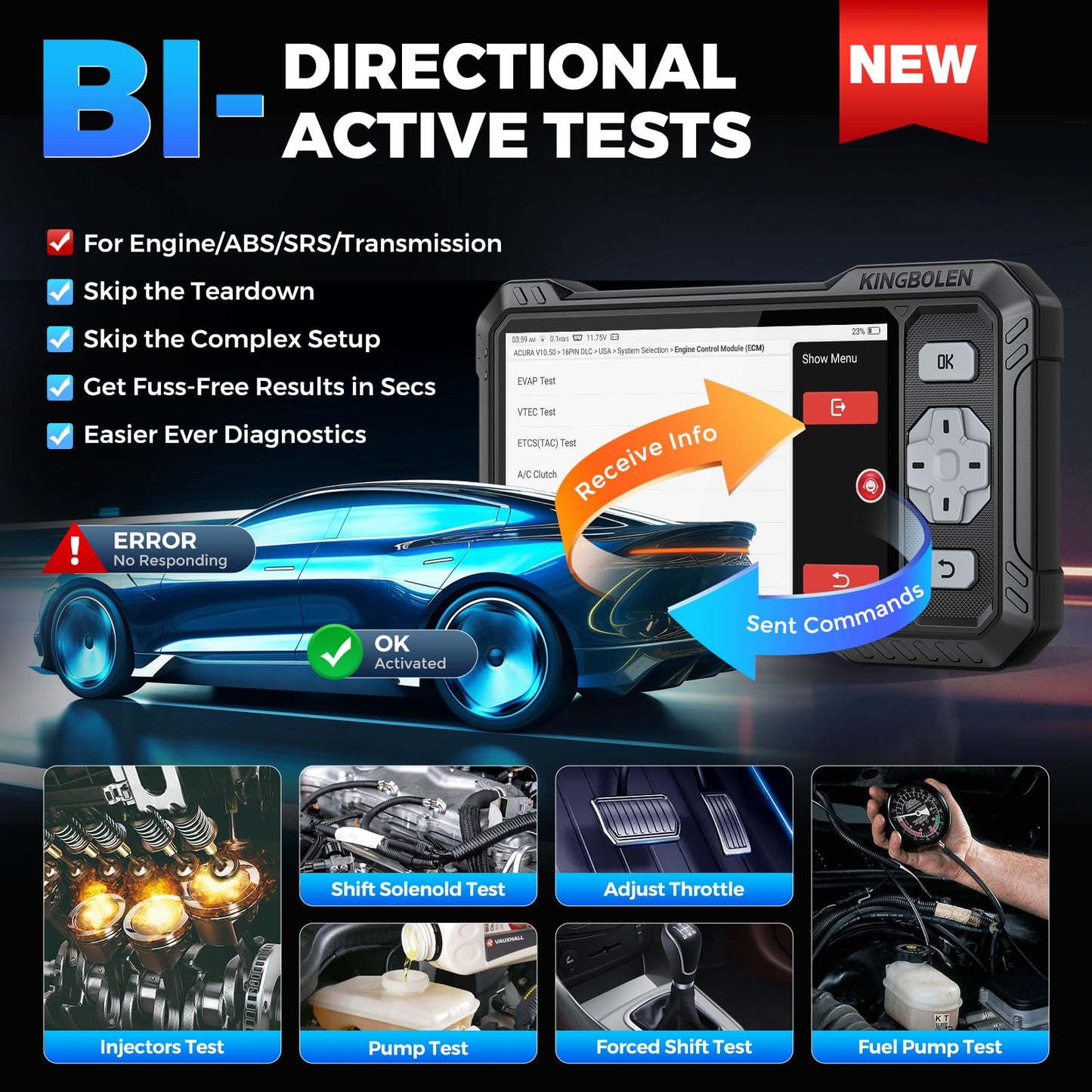 KINGBOLEN OBD2 Scanner S608, 2026 Bidirectional Scan Tool for ABS/SRS/Transmission/Enigne, 9 Reset Oil Brake DPF Bleed Gear Injector Throttle BMS SAS, CAN FD & FCA/Renault SGW, Lifetime Free Update