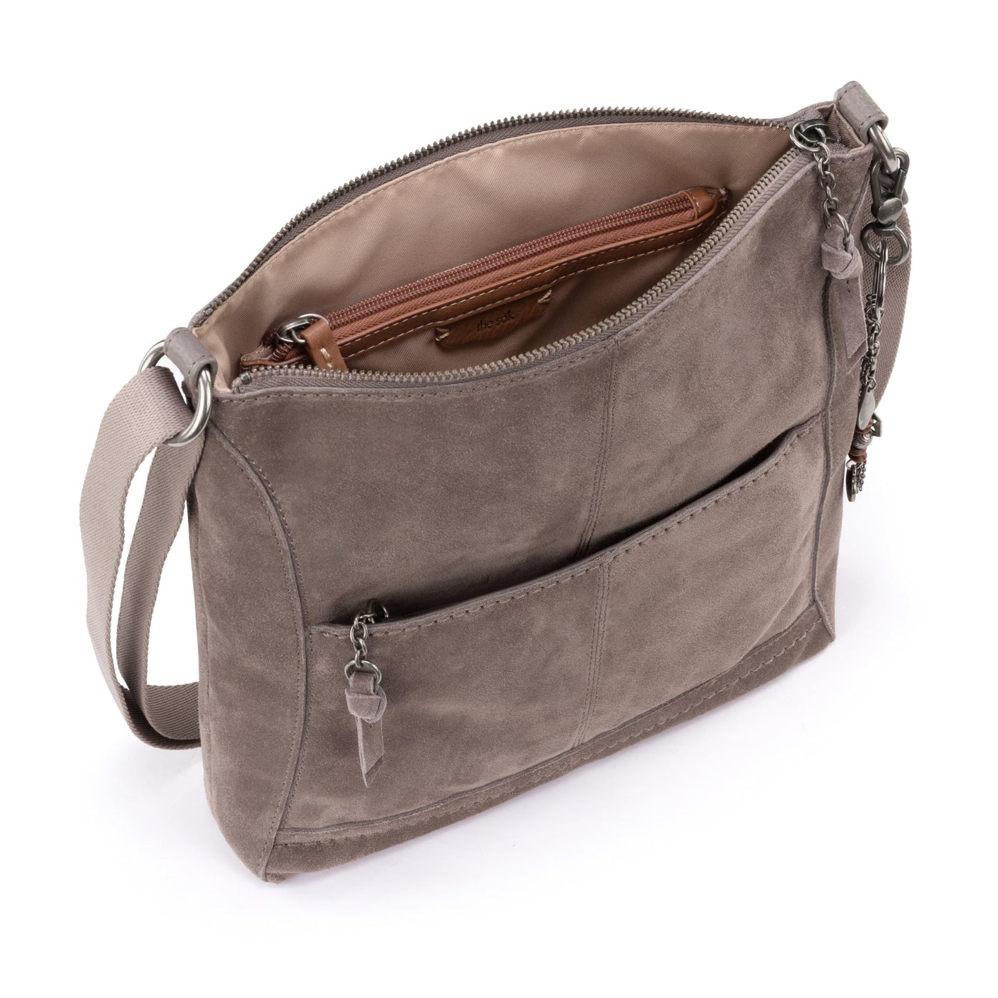 The Sak Lucia Crossbody Bag in Leather, Convertible Purse with Adjustable Strap, Mushroom Suede