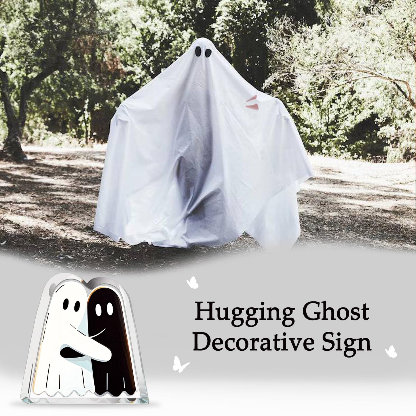 Hugging Ghost Decorative Sign Acrylic Cute Plaque Desk Decor Halloween Gifts For Women Kids Men Adult Friends Coworker Birthday Christmas Gifts Black White Design Goth Accessories