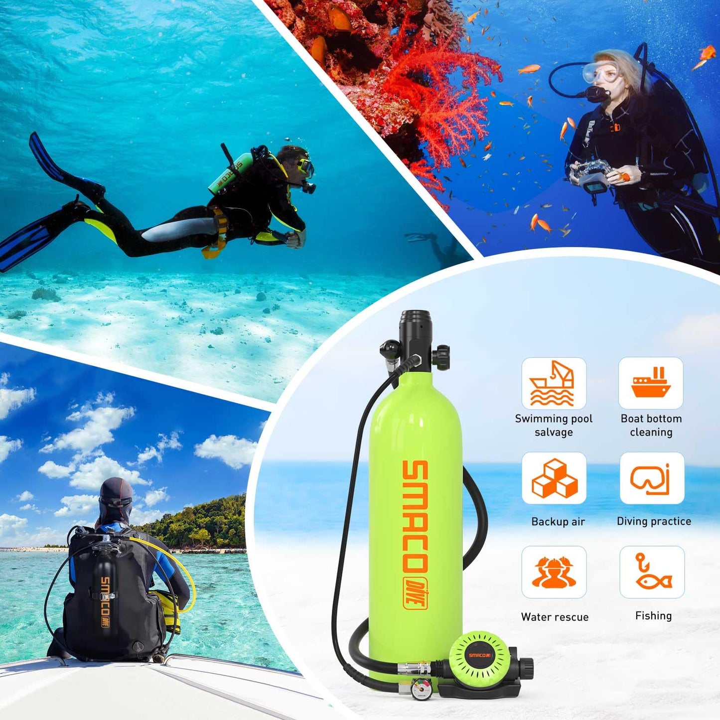 SMACO Mini Scuba Tank 1.9L Capacity Diving Oxygen Tank for Underwater Breathing Reusable Small Scuba Tank Kit with Portable Bag Scuba Cylinder for Underwater Entertainment/Diving Work