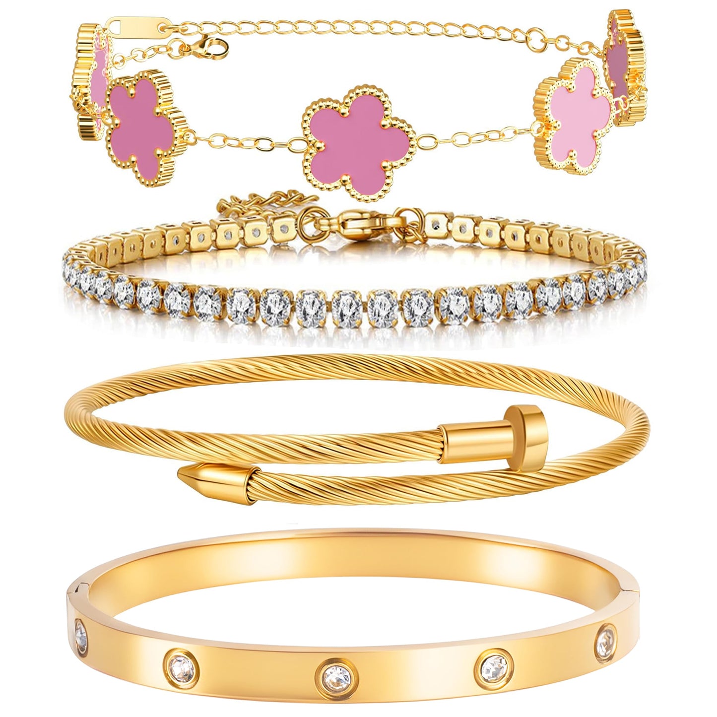 Lamdo 18K Gold Plated Womens Stackable Floral Gold Clover Bracelets Set Love Bangle Bracelets Non Tarnish, Gold Bracelet Set Trendy Jewelry,Gifts for Women's Day and Mother's Day