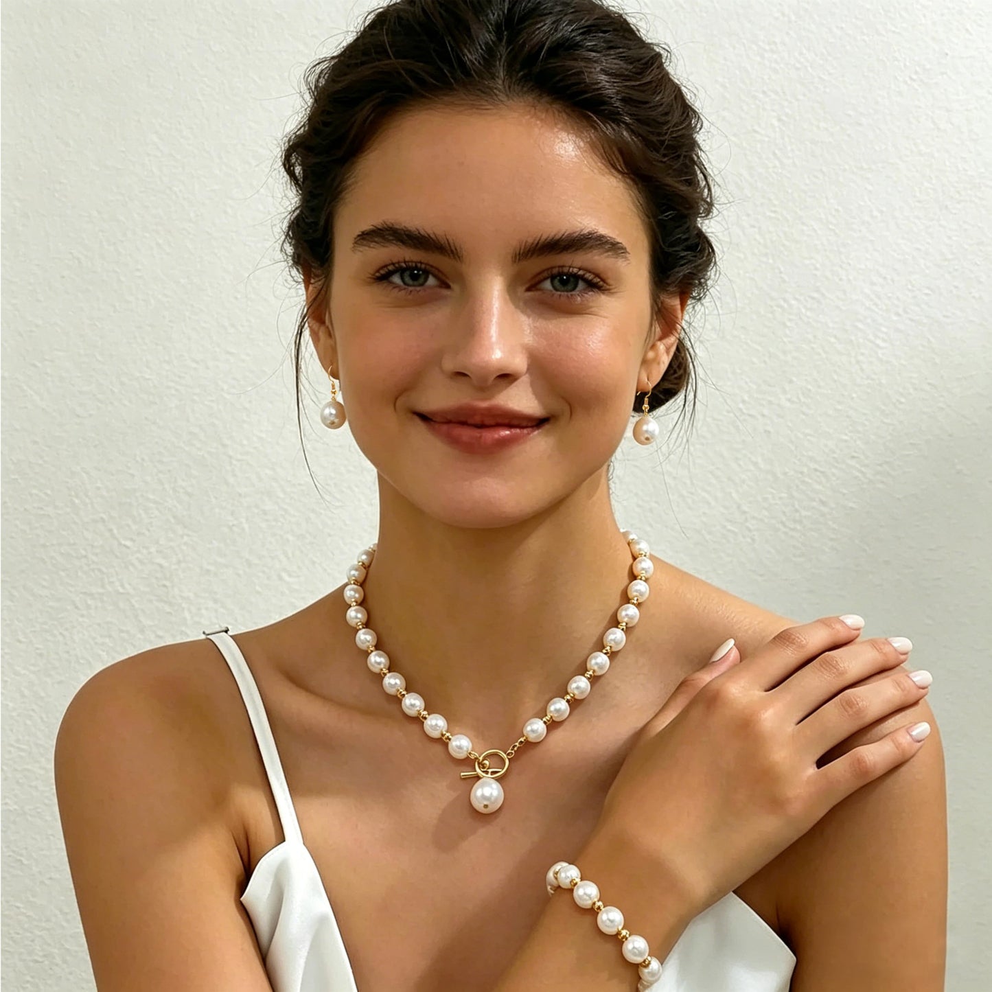Cryshimmer Pearl Choker Necklace for Women Faux Pearl Bead Necklace Earring Bracelets Set Costume Jewelry (Cream White/Gold Plated)
