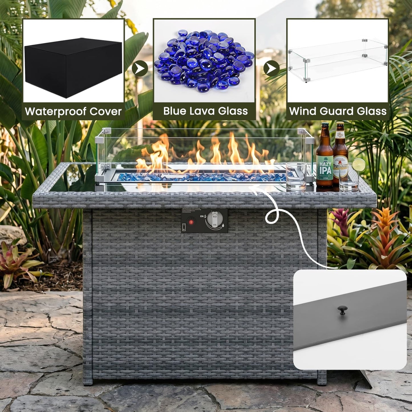 Propane Fire Pit Table, 44" Outdoor Gas Fire Pit with Glass Wind Guard & Waterproof Cover