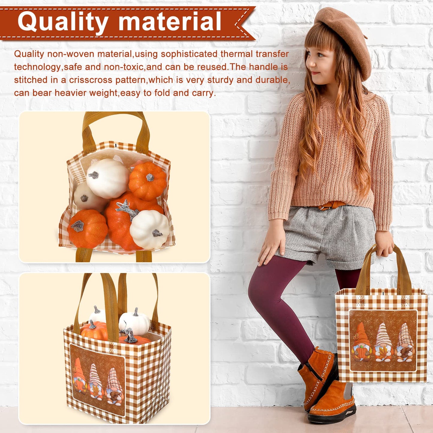 AnyDesign Fall Reusable Gift Bag Plaid Pumpkin Turkey Gnome Tote Bags with Handles Autumn Party Treat Bag Grocery Shopping Bags for Thanksgiving Patch Party, 8 Pack