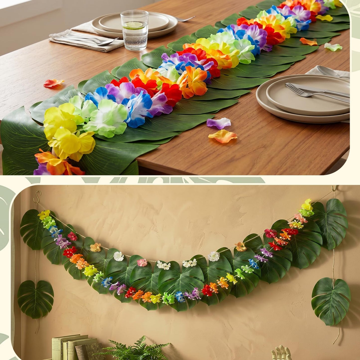 38PCS Hawaiian Tropical Party Decorations, Luau Placemats and Palm Placemat, Round Luau Fringe Place Mats Hibiscus Flower Simulation Artificial Leaf Birthday Party Supplies Table Decor