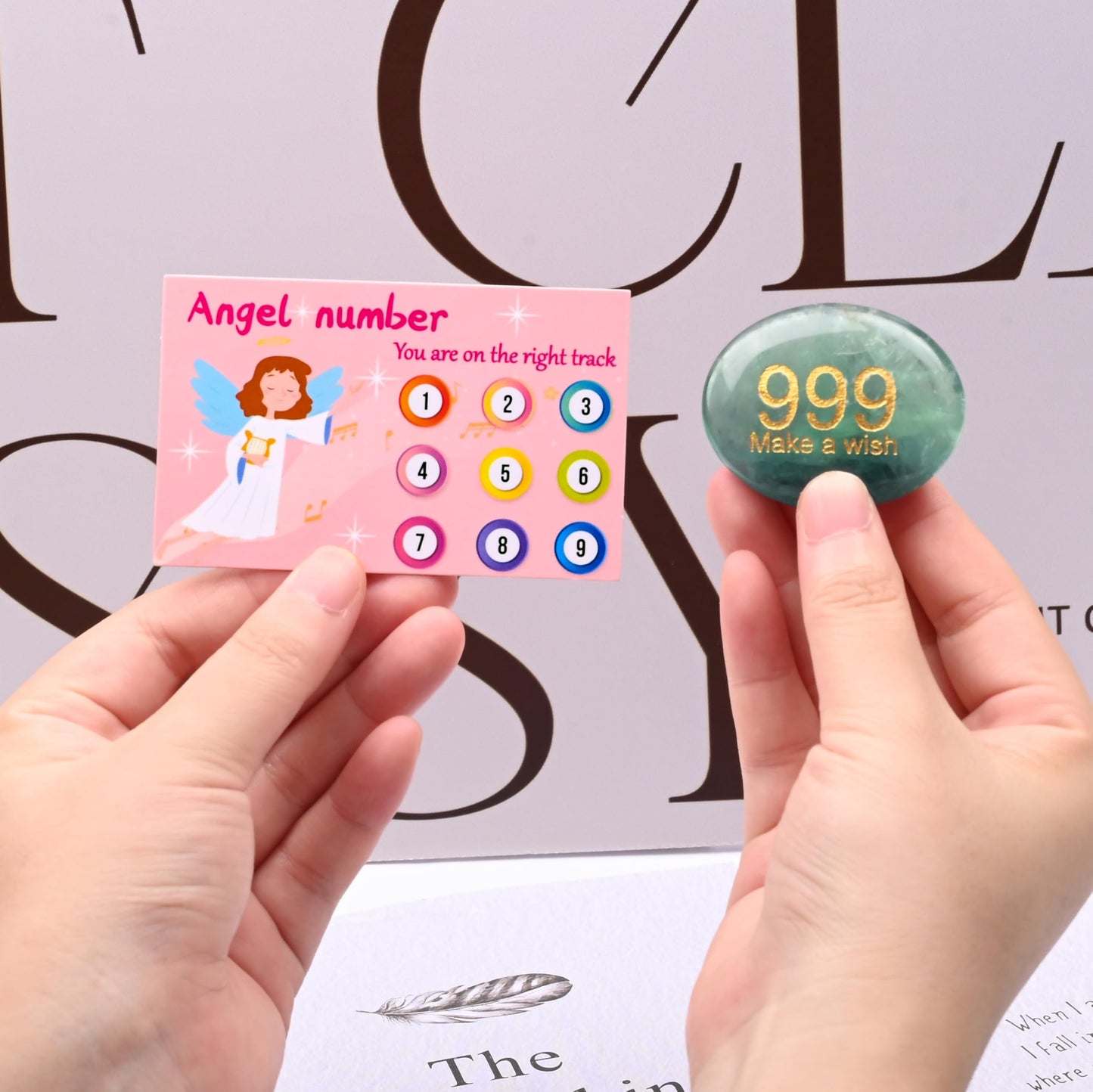 Palm Stone Gemstones, Healing Crystals Stone with Engraving Angel Numbers 999 for Lucky, Natural Hand Carved Green Fluorite for Inspirational Gifts, Meditation