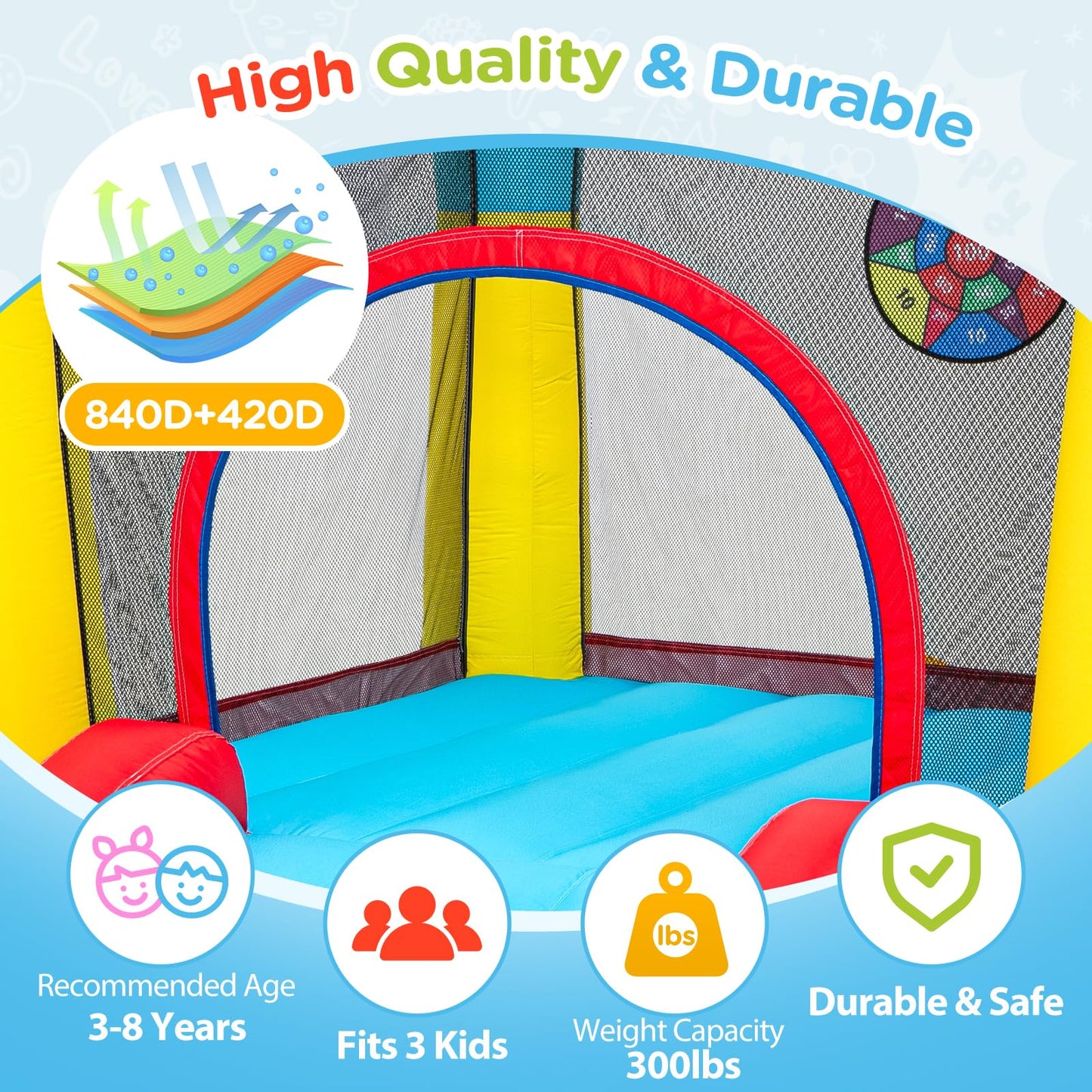 Bounce House for Kids 3-6, with Slide & Ball Pit & Hoop, 5-in-1 Small Indoor Outdoor Inflatable Bouncy Castle, Toddler Jump House for Backyard Family Home Birthday Party, Includes 370W Blower
