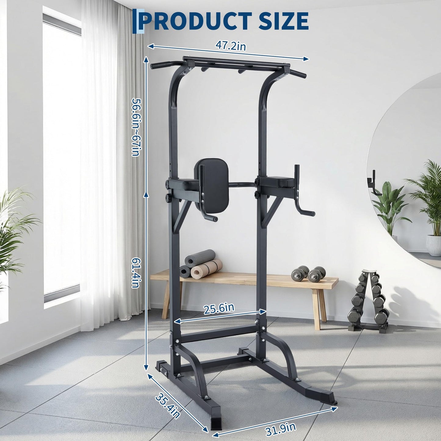 Power Tower Pull Up Bar Dip Station, Adjustable Height Home Gym Equipment, Heavy Duty Strength Trainer with 880 Lbs Capacity, Multi-Function Workout for Full Body Exercise, Stable Fitness Equipment