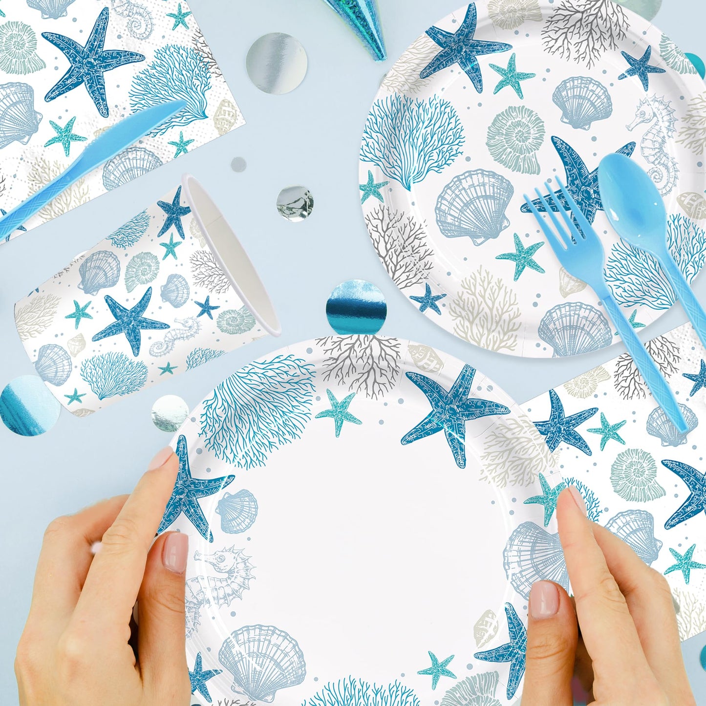 Vellumvibe 168pcs Coastal Beach Paper Plate Napkin Blue Starfish Seashell Party Supplies Disposable Tableware Set for Summer Ocean Birthday Party Decorations Serve 24 Guests