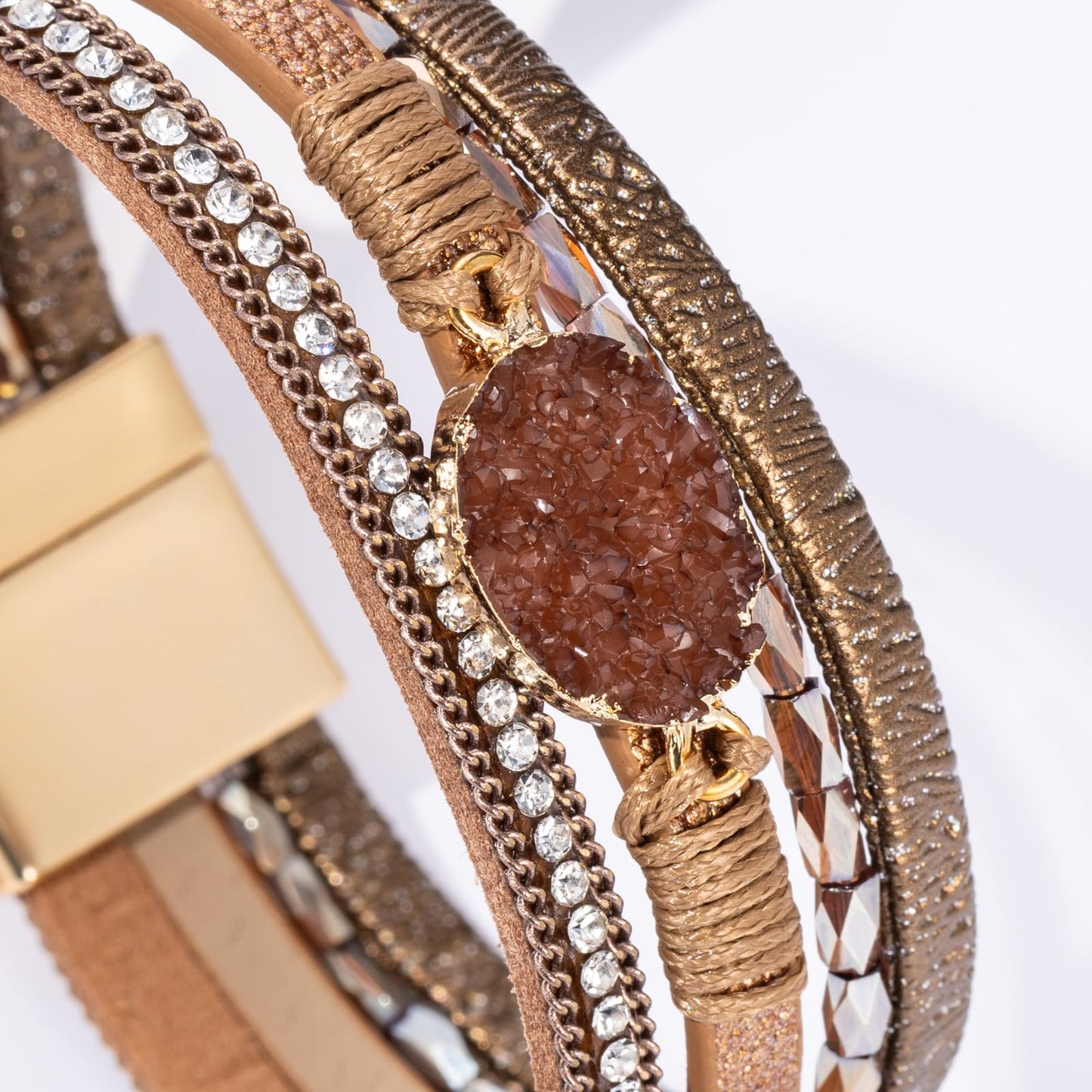 Becklynn Boho Leather Wrap Bracelets Beaded Crystal Stackable Cuff Bracelet with Magnetic Clasp Cowboy Cowgirl County Concert Outfits Western Jewelry Gifts for Women(Stone Brown)