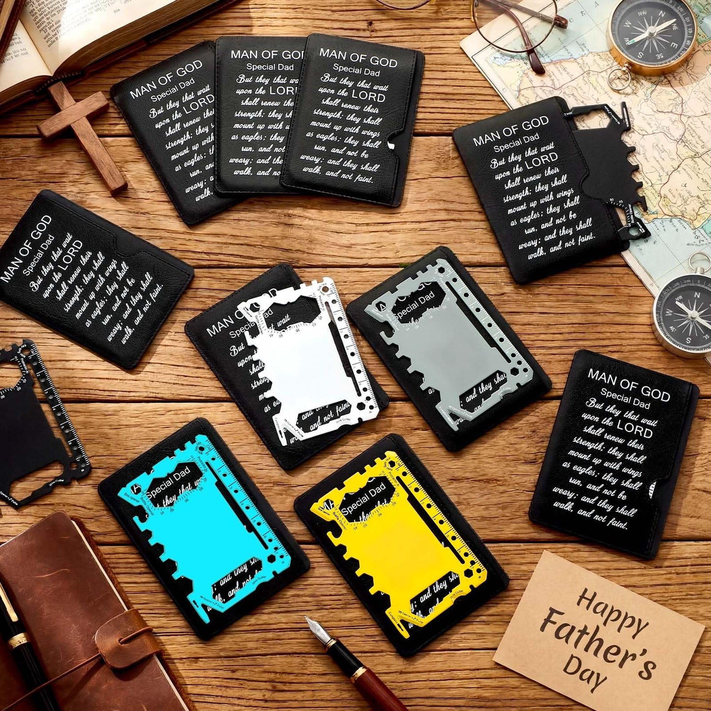 Otoolling 30 Pcs Fathers Day Church Gifts Bulk Man of God Gift Bulk Credit Card Wallet Multitool 46 in 1 Metal Stainless Steel Survival Pocket Tool Multipurpose with Bible Verse for Father