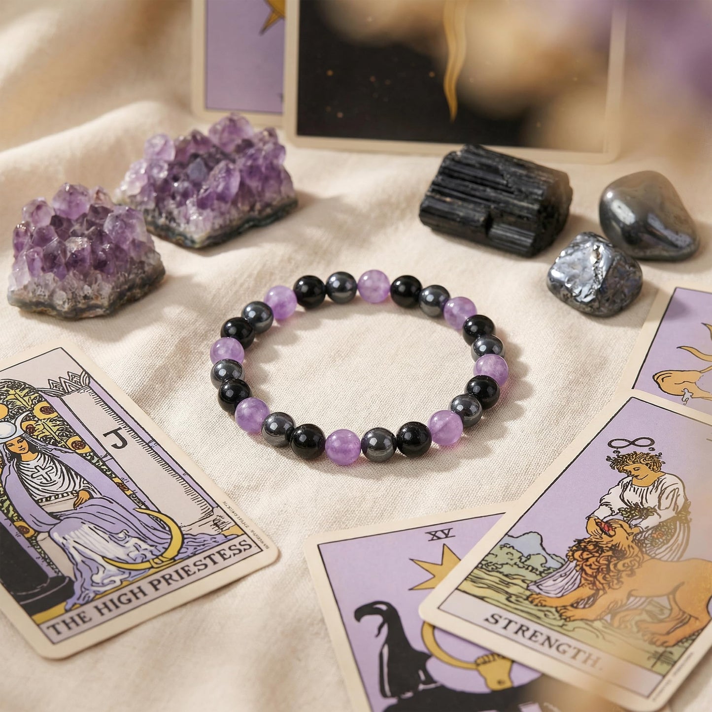 Bivei Empath Bracelet, Strength Crystal Healing Bracelet 8MM with Hematite & Amethyst & Black Tourmaline - Spiritual Stretch Beaded Jewelry for Women Men Gift