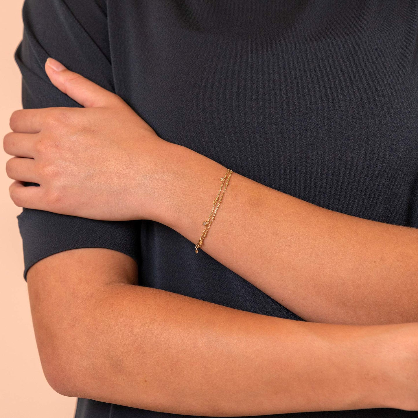 PAVOI 14K Yellow Gold Plated Layering Double Chain Bracelets for Women - Cubic Zirconia Stacking Double Wrap Chain Bracelet - Cute Best Friends Jewelry