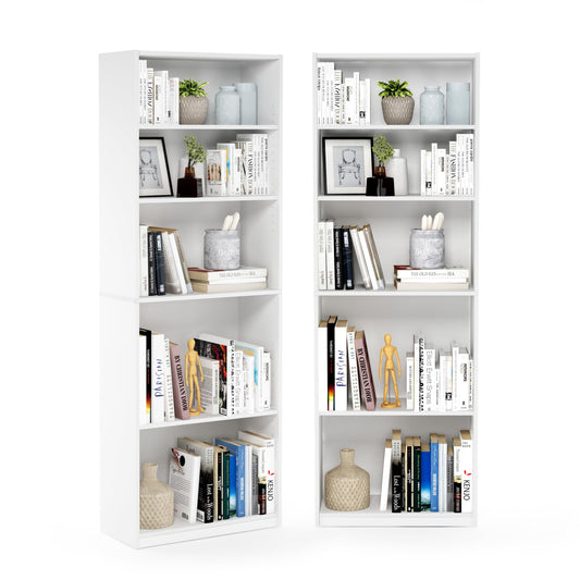 Furinno Jaya Book Shelf Set of 2, 5-Tier Bookshelf, Bookcase, with Adjustable Shelf, 9.5 x 24.5 x 71, for Home Office, Living Room, White