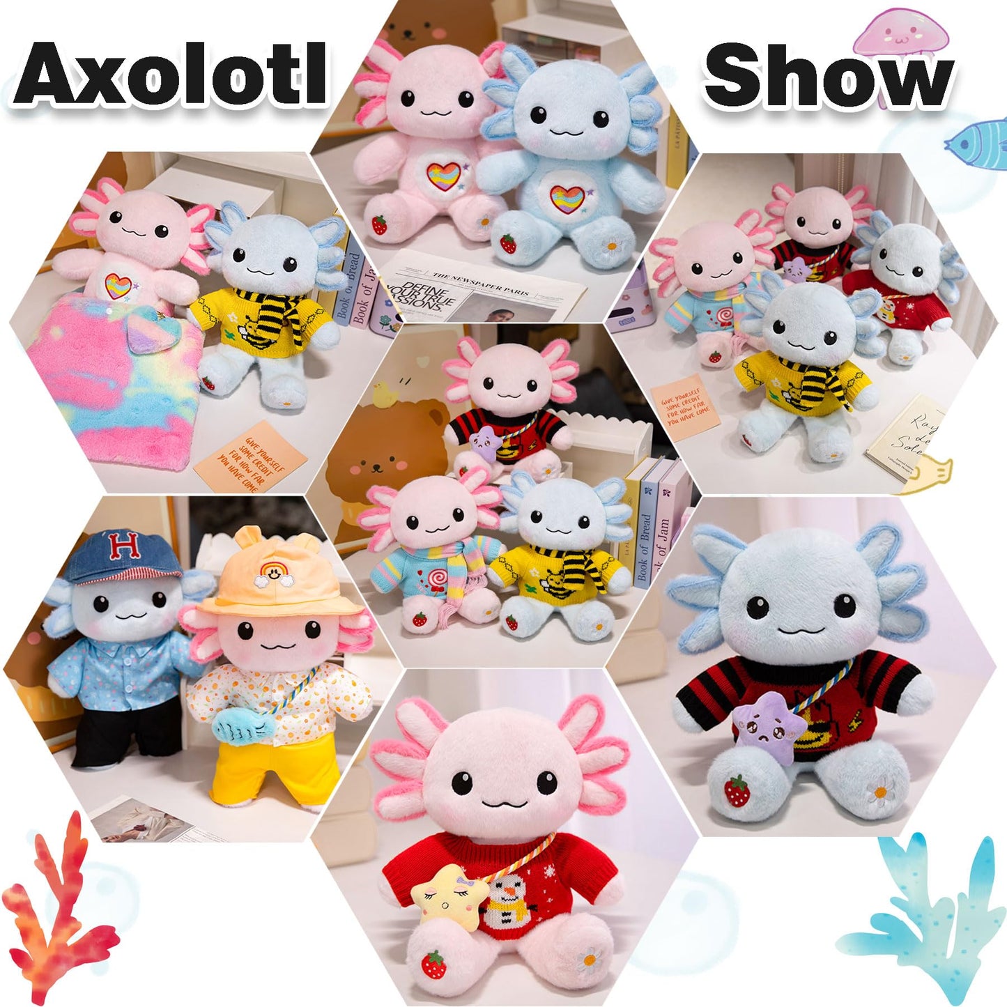 KUMANEKO Cute Axolotl Plush Gift Set with 12 Pcs Axolotl Stuffed Animal Clothes & Accessories, 13-Inch Axolotl Toy, 5/6/7/8/9/10-12 Year Old Girl Birthday Gift