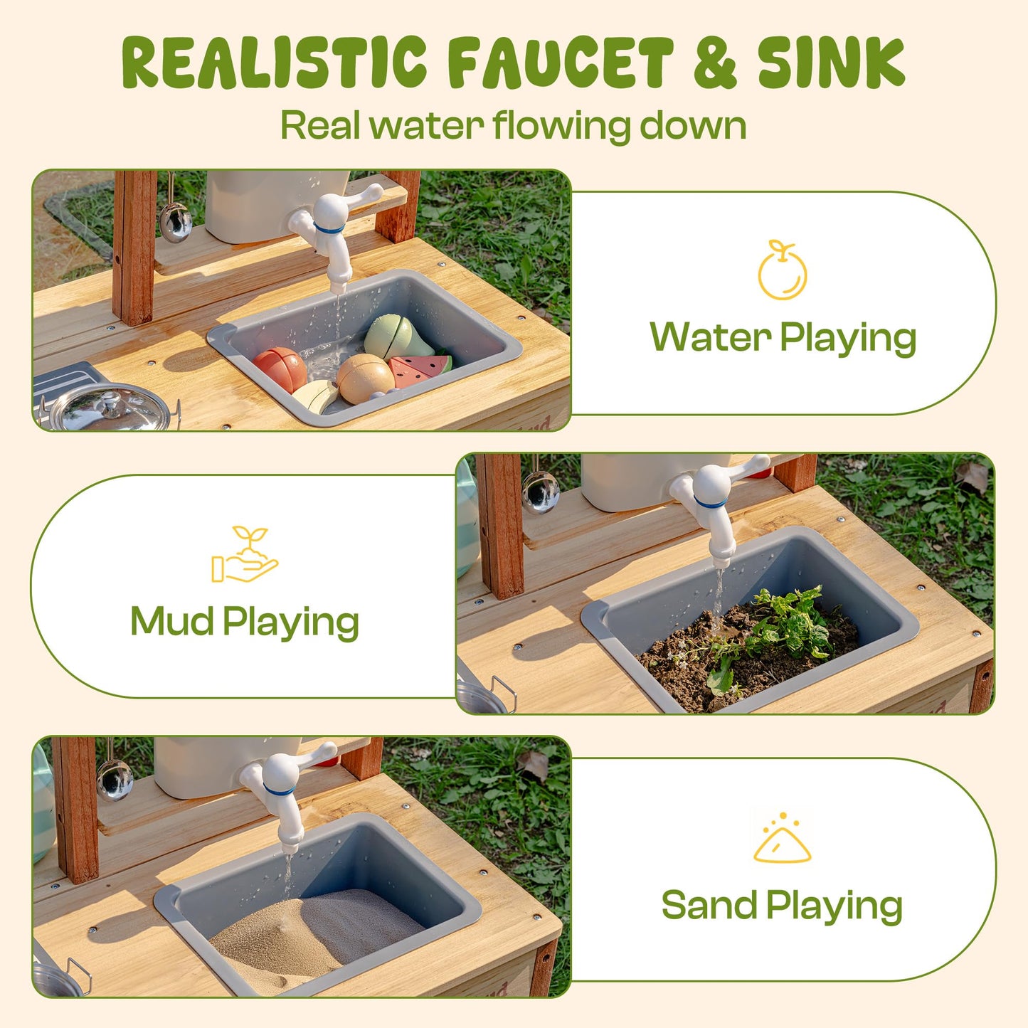 Robud Wooden Mud Kitchen for Kids, Outdoor Pretend Play Kitchen Set with Running Water Sink, Faucet, Planting Pots & Cooking Accessories, Educational Outdoor Toy Gift for Boys & Girls Ages 3+