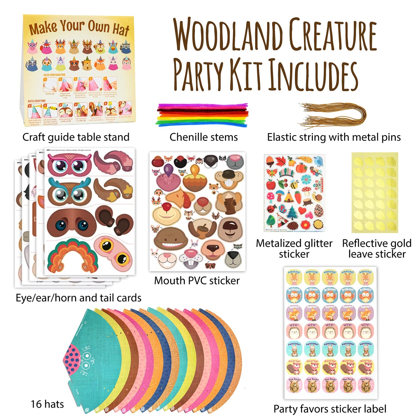Glittery Garden Woodland Themed Christmas Party Hats Making Kit c/w Chenille Stems & Stickers. Group Activities, DIY Art Craft Home Project. Birthday, Easter & Fiesta Decoration for Kid