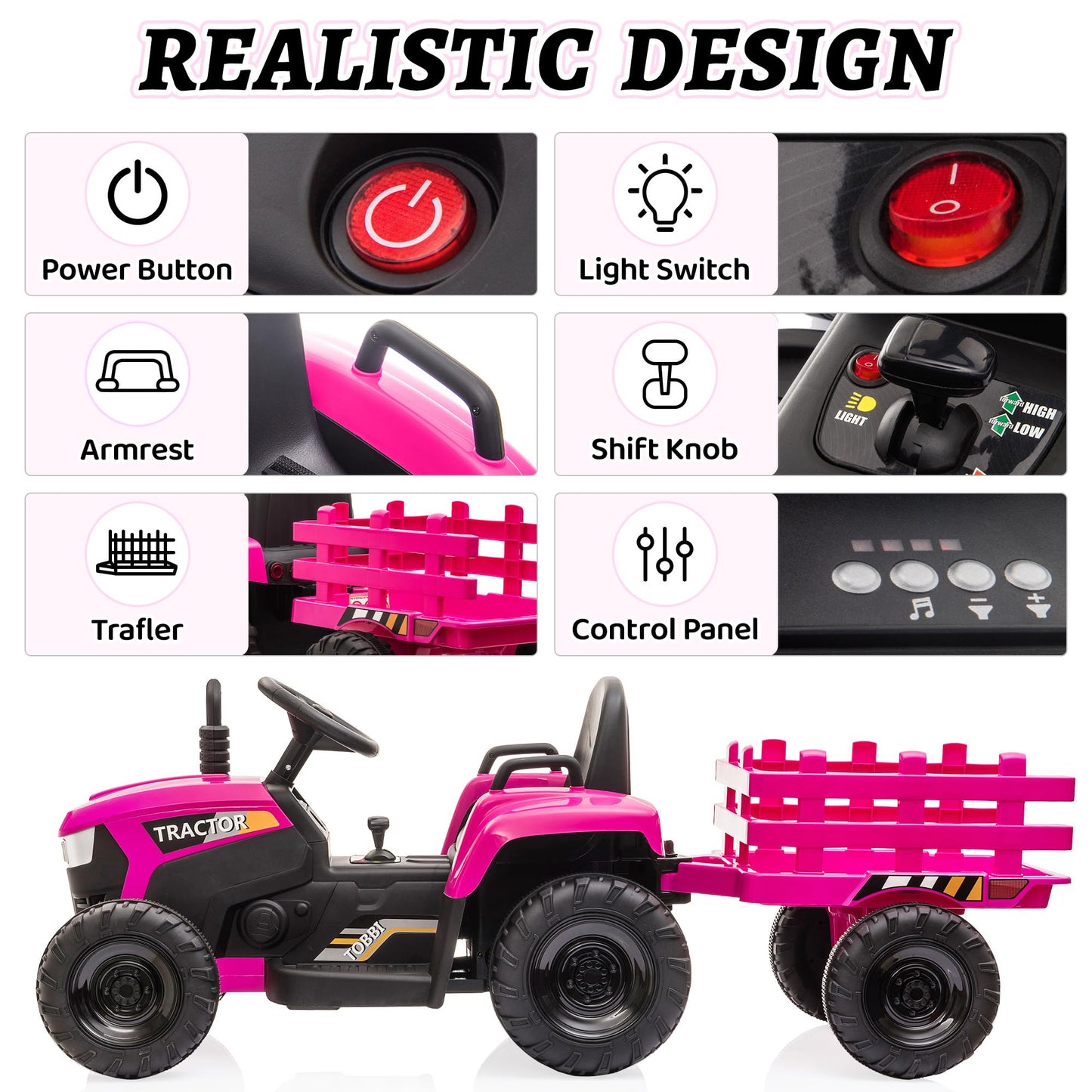 TOBBI Kids Electric Ride On Toy Tractor, Toddlers 12V Battery-Powered Car to Drive, 35W Dual Motor 6-Wheels Trailer Vehicle with 3-Speeds/LED & Horn Functions for Chirdren Aged 3-8-Pink