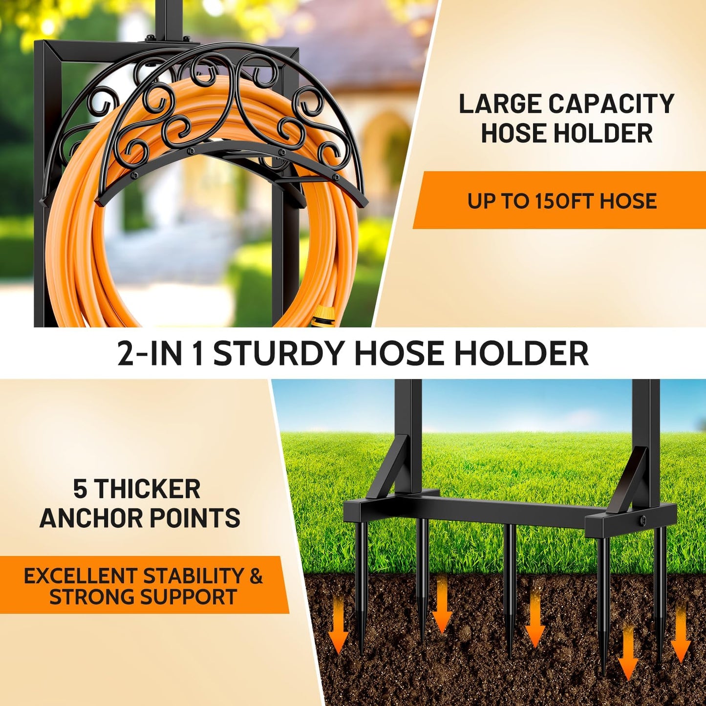 Jvgoo Garden Hose Holder for Outside - Upgraded Water Hose Holders with 5 Spikes & 2 Shepherds Hooks, Freestanding Hose Stand Heavy Duty Hose Hanger Hose Storage Hose Reel Rack for Outside Yard Lawn