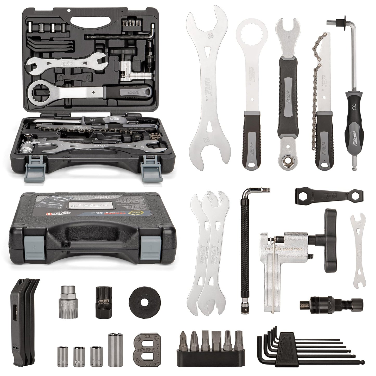 Super B 36 PCS Bicycle Tool Set - Bike Repair Kit with Carry Case - Bike Maintenance Tools for Road Bikes and Mountain Bikes, Repairing Tyres, Brakes, Chains, Pedal, Crank Puller(TBA2000)
