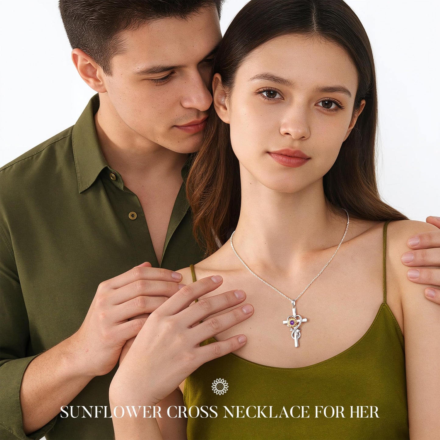 Iefil Cross Necklace for Women - Simulated Aquamarine Jewelry, March Birthstone Necklace | Anniversary Birthday Gifts, Sunflower Gifts for Wife Women Mom