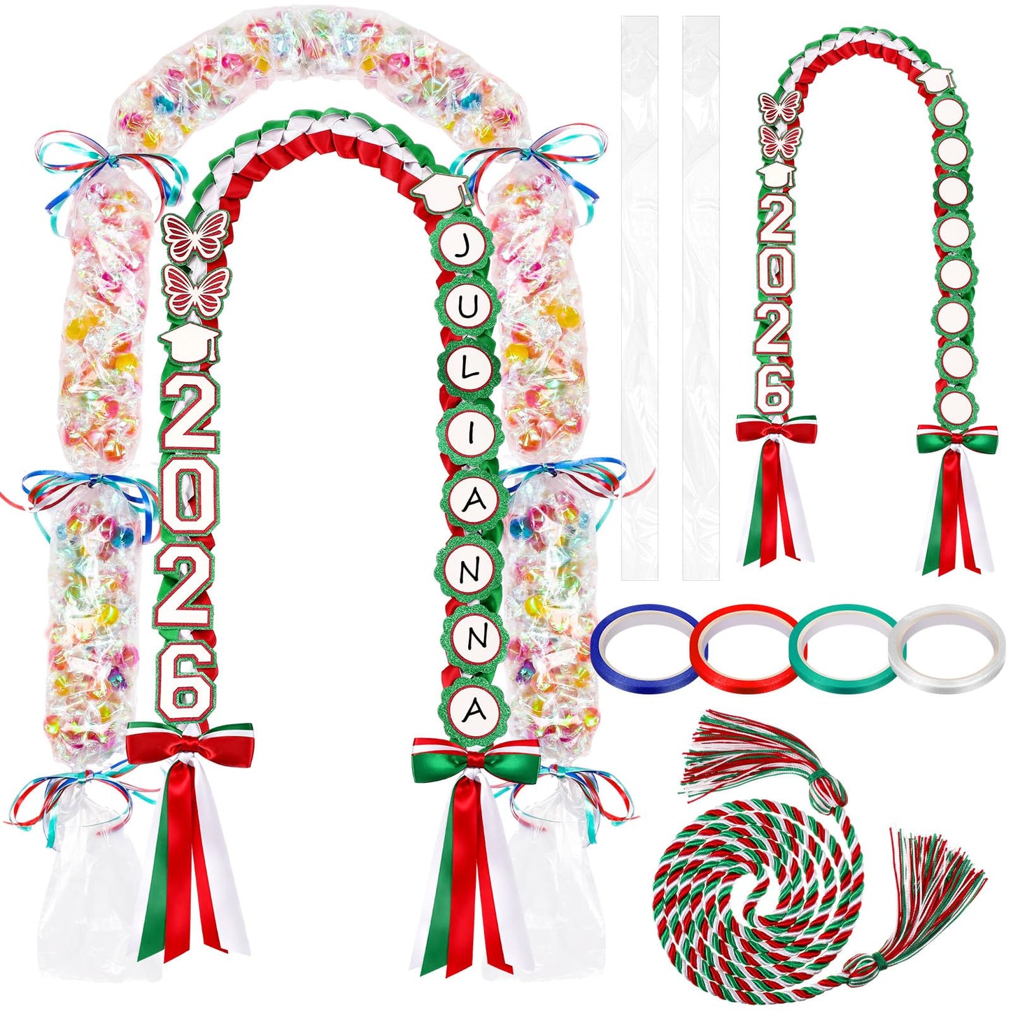 Lyrow Class of 2026 Mexican Graduation Leis Kit, Candy Leis for Graduation 2026 Green and Red Mexican Ribbon Double Lei Necklace Party Accessories