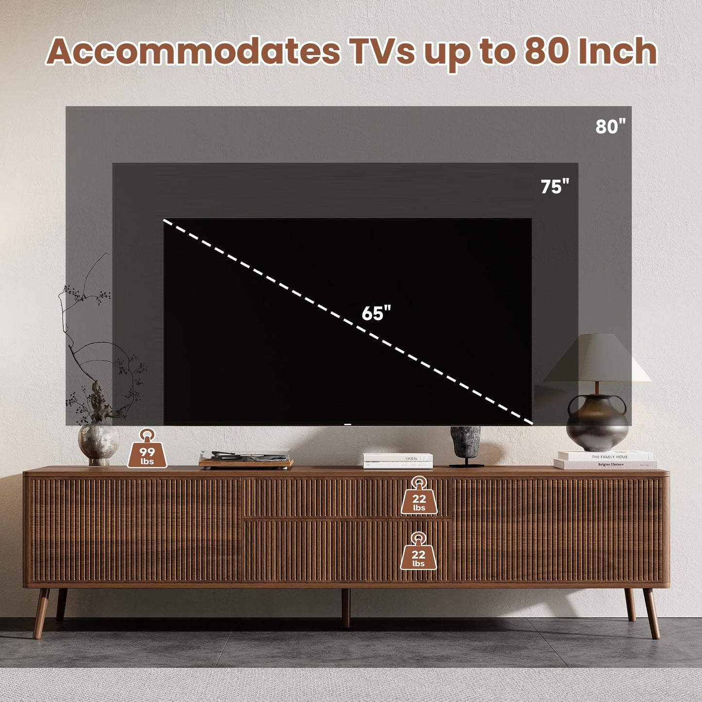 Merax 70 inch Fluted TV Stand with Storage Drawers and Cabinets for TVs up to 80", Modern Entertainment Center with Cable Management, Solid Wood Legs, Soft-Close Hinges, for Living Room, Walnut