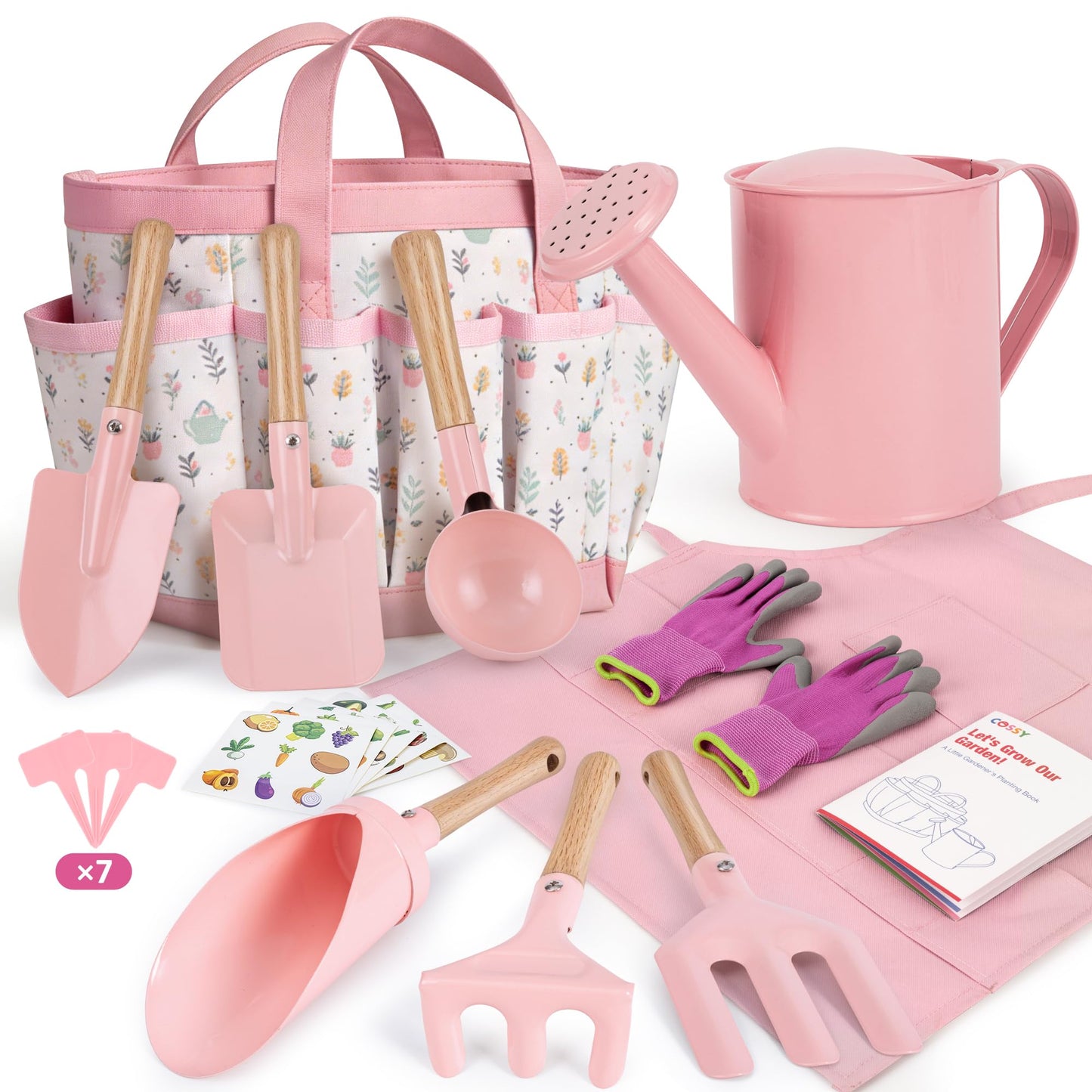 Cossy Kids Gardening Set, 13PCS Garden Tool Kit for Kids and Toddlers Boys Girls, Includes Tote Bag, Watering Can, Shovels, Rake, Kids Gardening Gloves, Apron and More, Pink