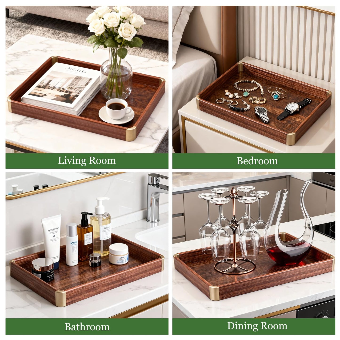 Bubinga Wood Serving Tray, 14.5"x9.8" Decorative Tray with Brass Corners, Luxury Home Decor for Coffee Table, Kitchen & Living Room, Housewarming Gifts for New Home, Wedding & Bridal Shower Gift