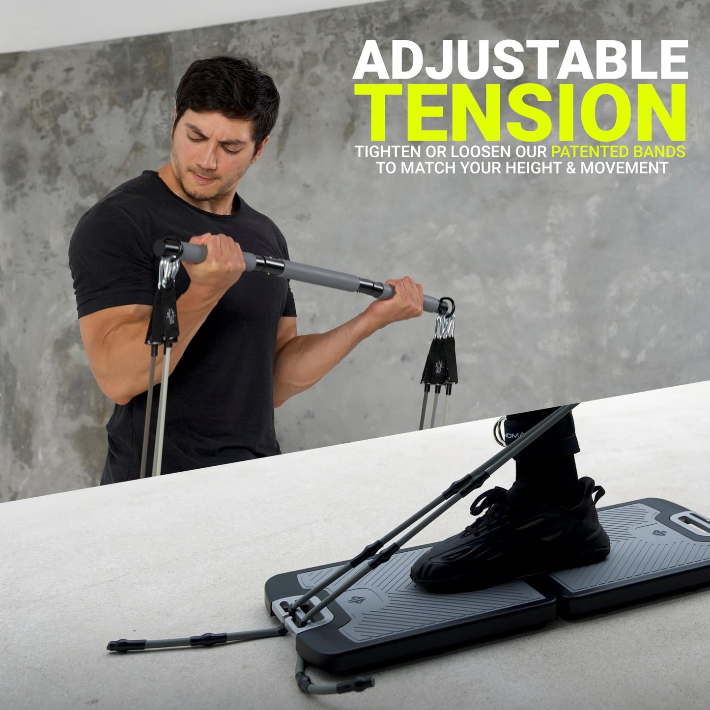 EVO Gym - Portable Home Gym Strength Training Equipment, At Home Gym | All in One Gym - 6 Resistance Bands, Base Holds Gym Bar & Handles for Travel | Portable Gym & Home Exercise Equipment | 120LBS