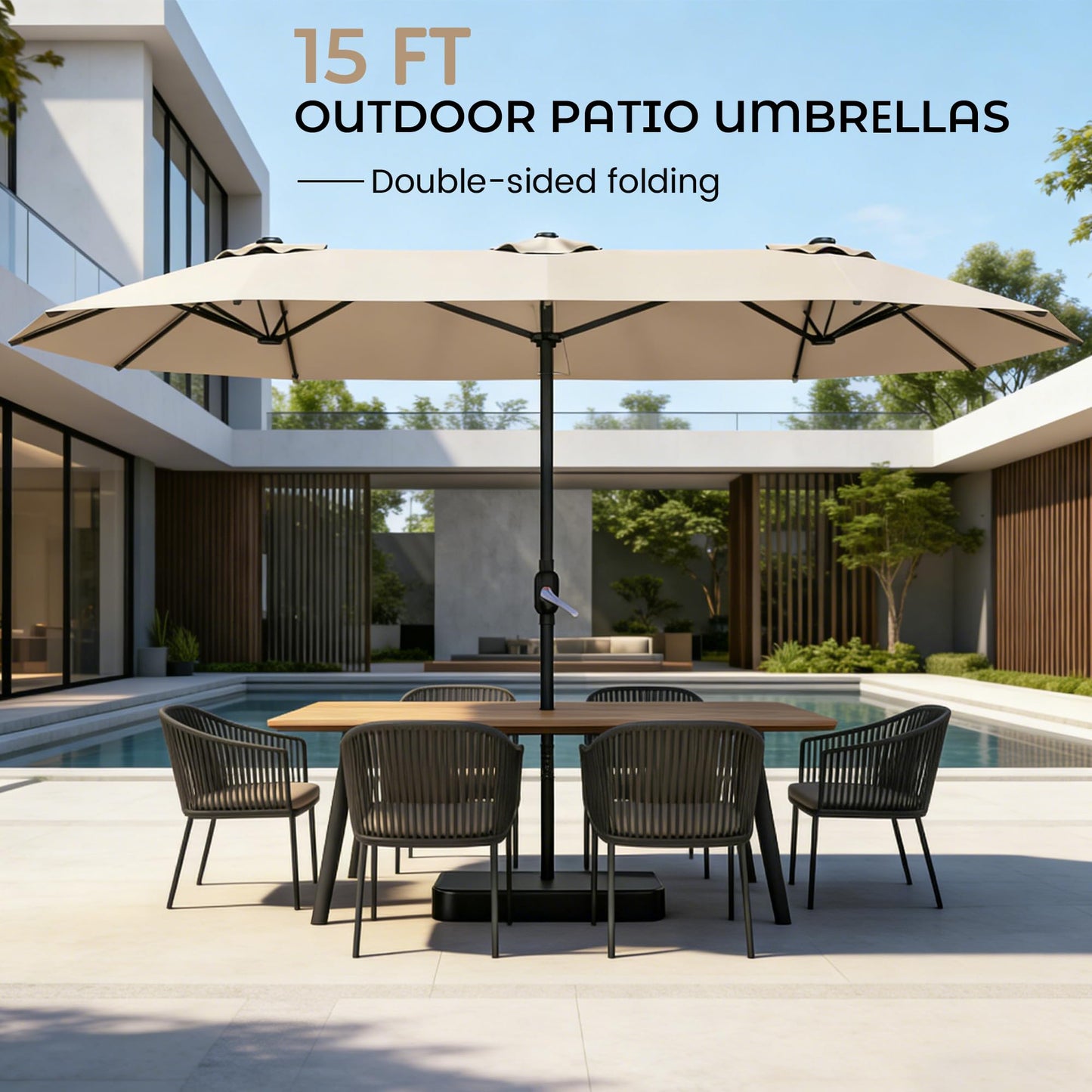 DomeShade 15ft Patio Umbrella with Base,Large Outdoor Double-Sided Rectangle Umbrella with Crank Handle, Market Umbrella for Poolside Garden Deck Backyard Beach Pools, Beige