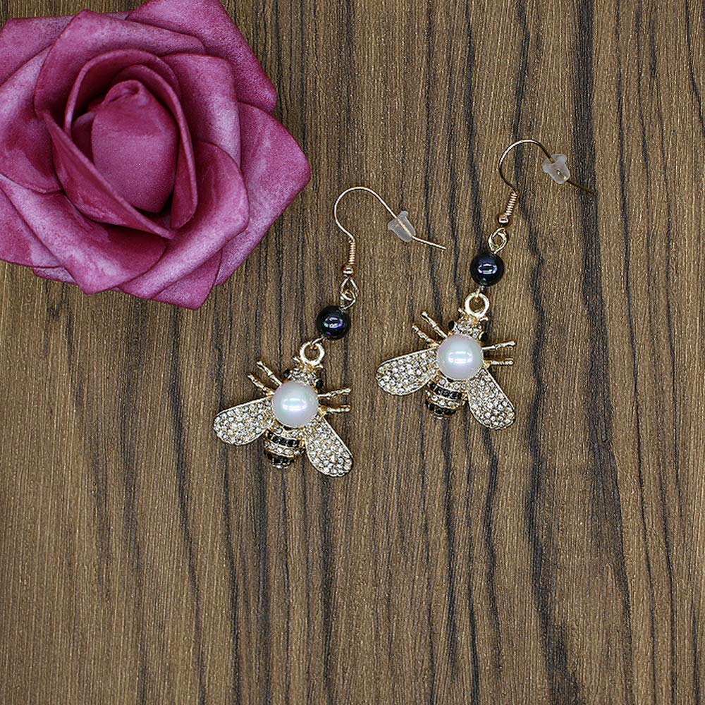 Honey Bee Drop Earrings Crystal Insect Themed Dangle Earring Animal Fashion Shell Pearl Hook Earring Gold Tone for Women Jewelry (white pearl +black pearl hook)