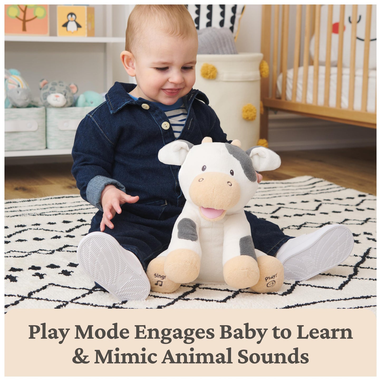 GUND Baby Buttermilk the Cow Animated Plush, Singing Stuffed Animal Sensory Toy, Sings Old Macdonald and Teaches Animal Sounds, Cream/Grey, 12”