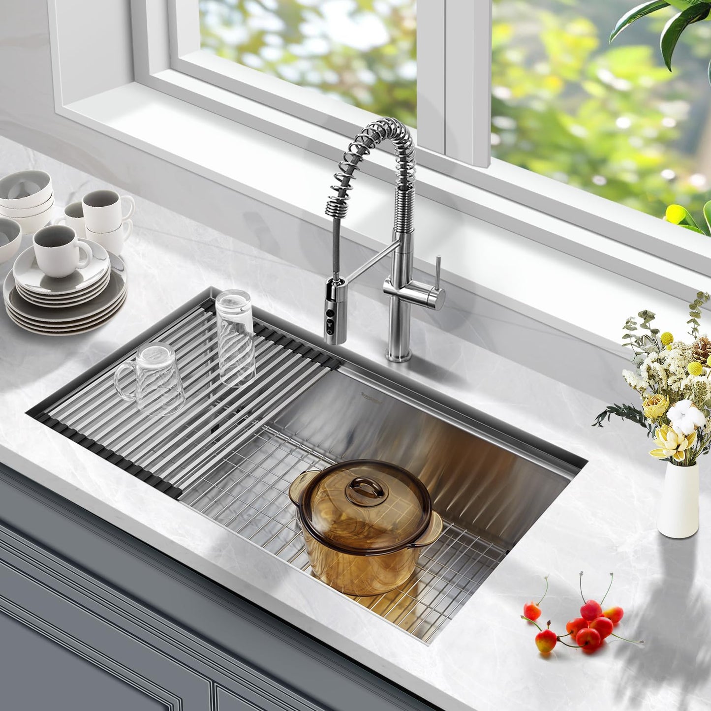 Suncano 30 Inch Undermount Kitchen Sink Workstation, Stainless Steel Handmade 10”Deep Large Single Bowl Undermount Sink 30x19 with Accessories (Brushed)