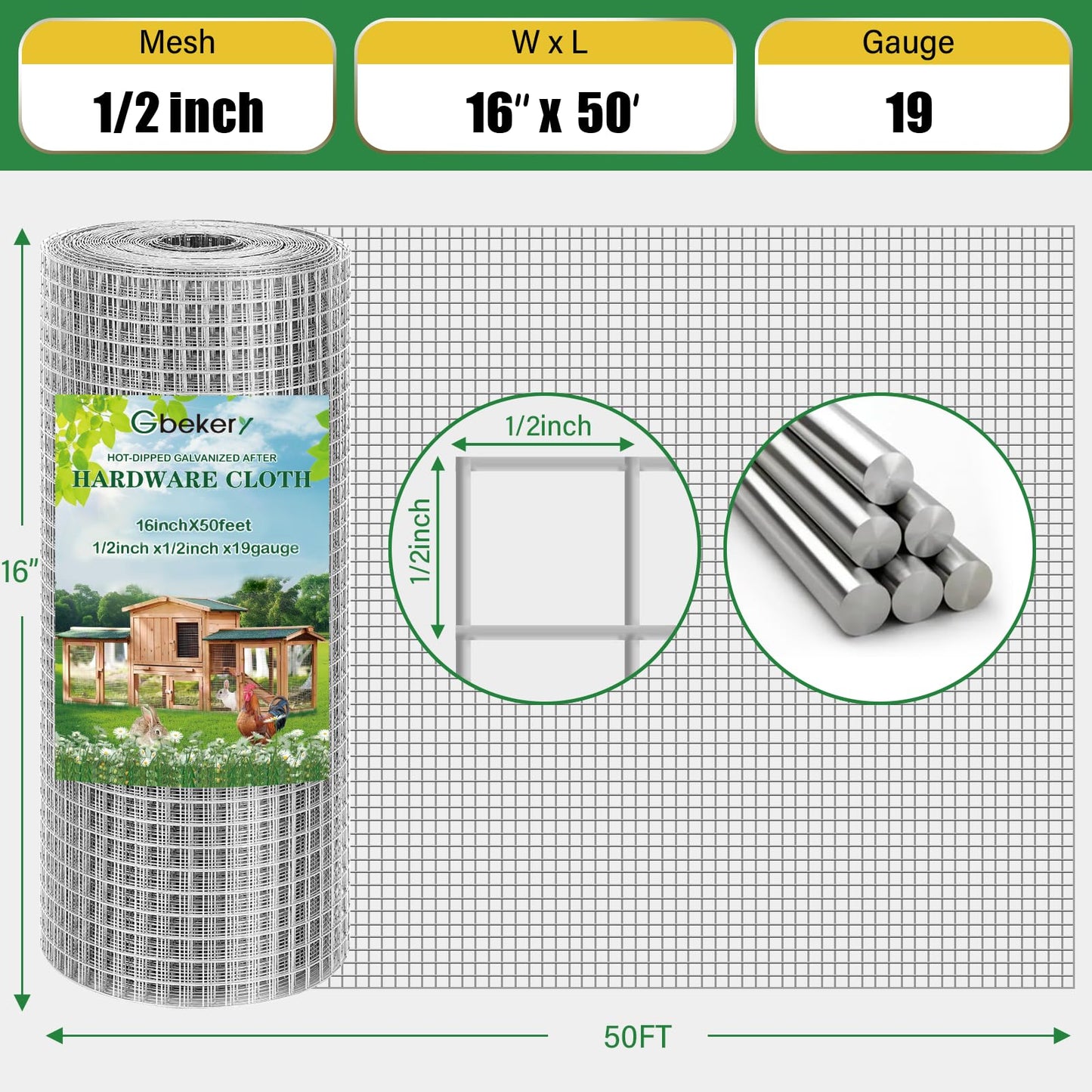 Gbekery Hardware Cloth 1/2 inch 16in x 50ft 19 Gauge, Hot-dip Galvanized After Welding Chicken Wire Mesh Roll Garden Plant Welded Metal Wire Fencing Roll, Rabbit Cages Snake Fence