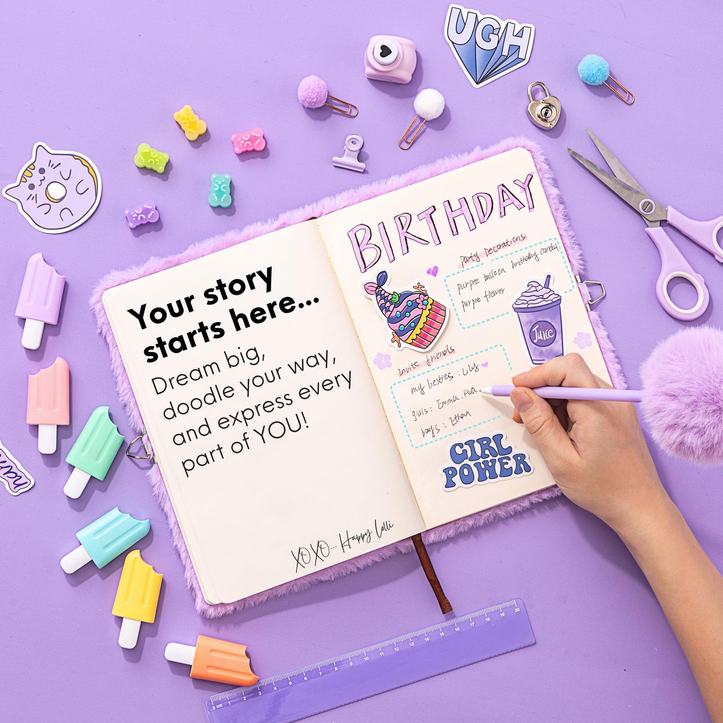 HAPPY LOLLI Purple LolliME DIY Journal Kit for Tween & Teen Girls Ages 8–14, Birthday Gift, 300+ Pieces Lockable Diary Set, Arts & Crafts, Scrapbook & Creative Journaling