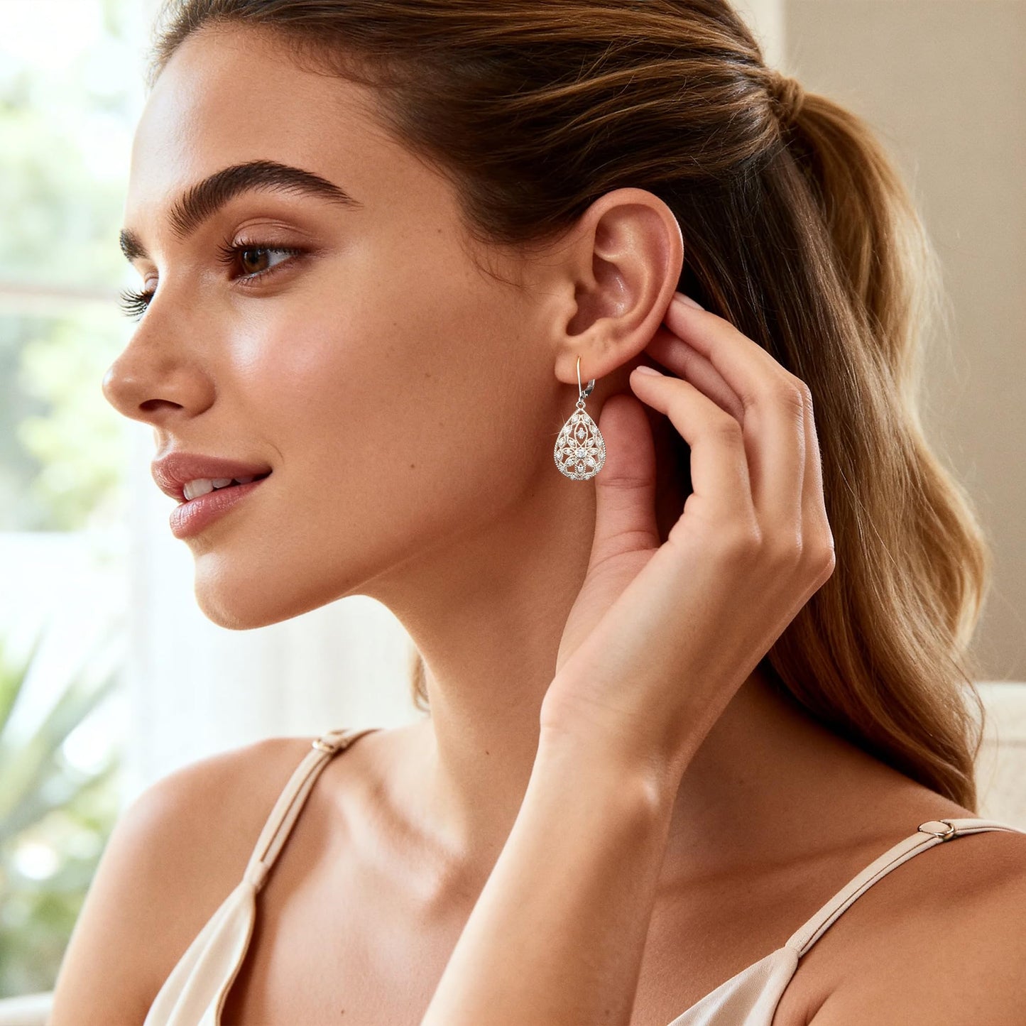 Sterling Silver Earrings Filigree Dangle Drop Leverback Earrings for Women Cubic Zirconia Drop Earring Hypoallergenic Leverback Teardrop Dangle Filigree Earrings Silver Jewelry for Gifts