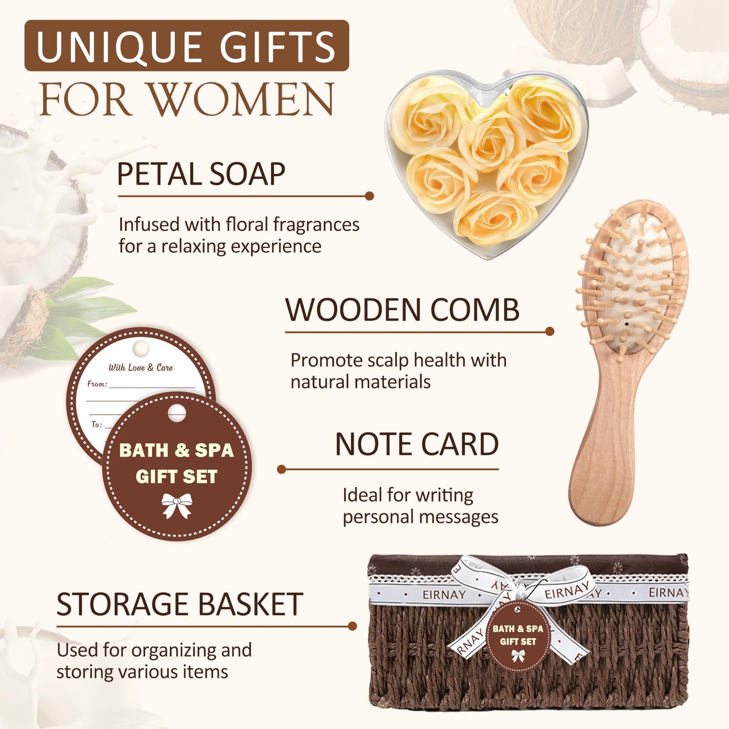 EIRNAY Christmas Gifts For Women - 16 PCS Birthday Gift Basket for Women Set of Coconut Vanilla Self Pampering Set, Includes Luxurious Home Spa Shower Gel Bubble Bath