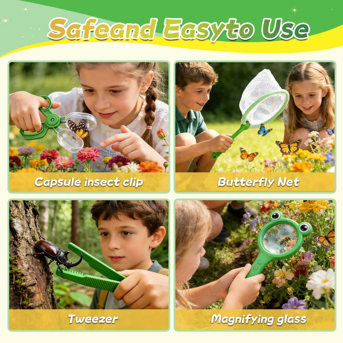 BLOOLILIES Bug Catcher for Kids, 28 PCS Outdoor Explorer Kit with Magnifier Glass Bug Collector Toy Butterfly Net Catcher Tweezers Insect Cognition Cards Outdoor Toys for Kids Ages 4-8 Boys Girls