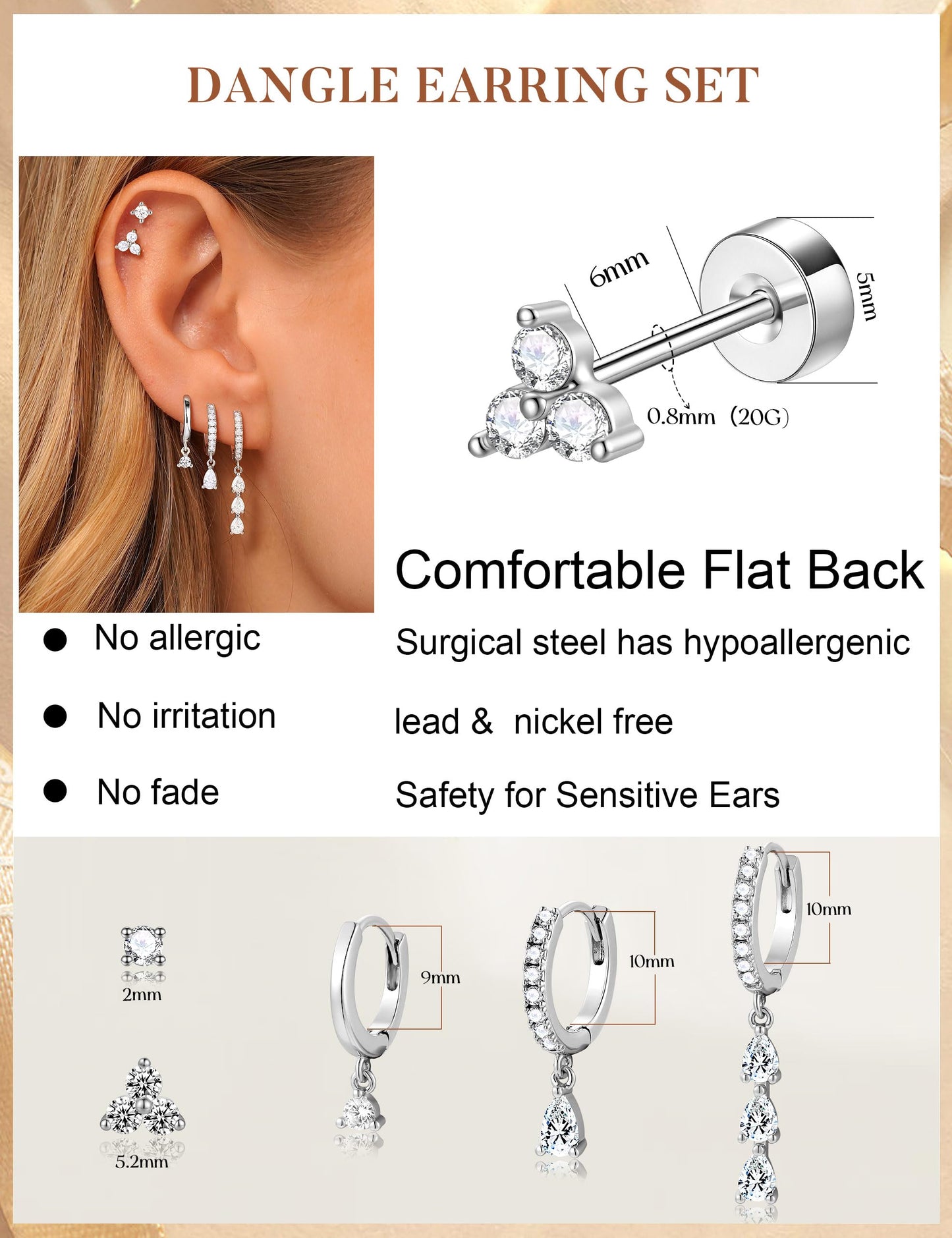 M MOOHAM Silver Dangle Earrings for Women, Drop Dangling Earrings Stacks Set Dainty Silver Hypoallergenic Cubic Zirconia CZ Hoop Earring Flat Back Stud Cartilage Earring Jewelry Gifts for Women